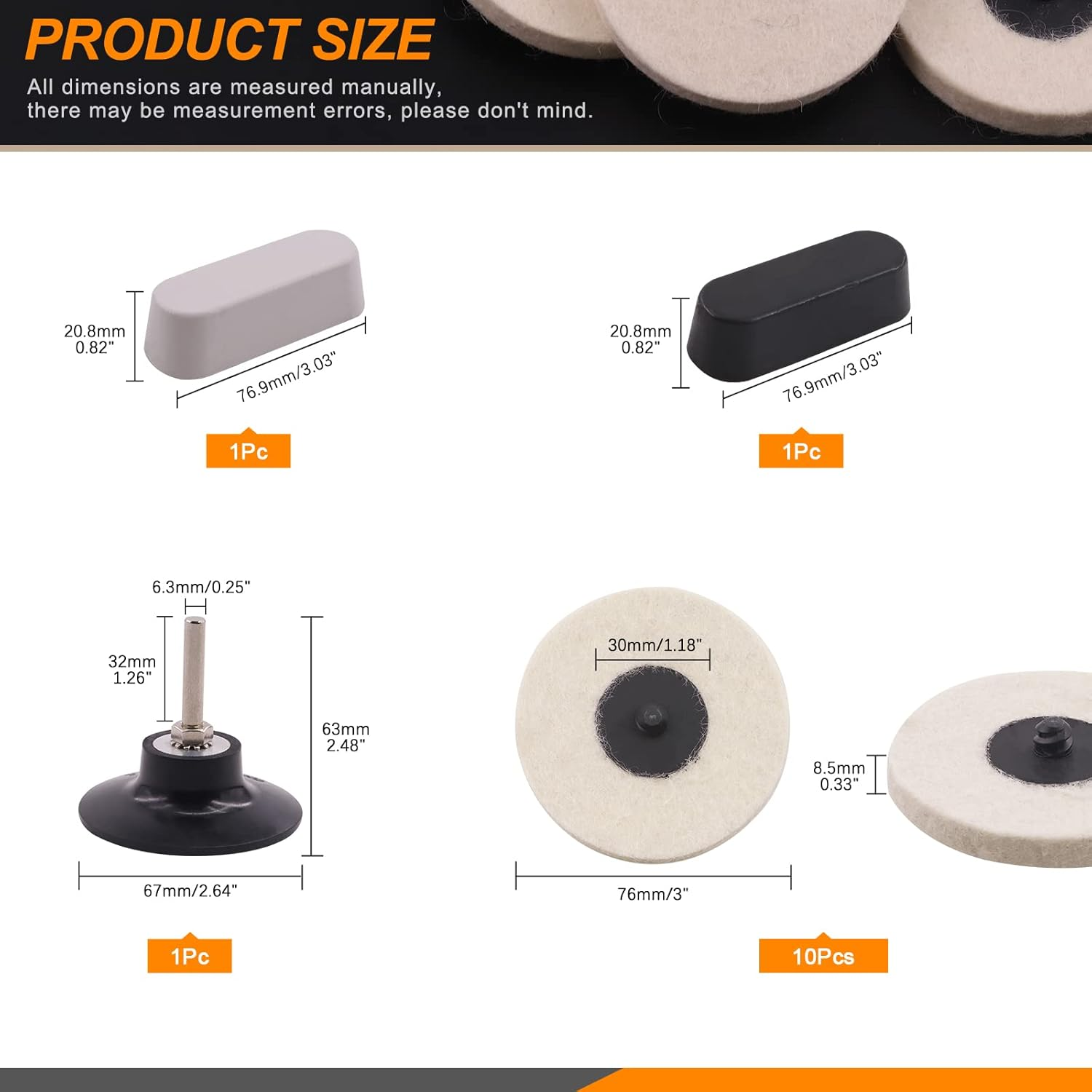 13Pcs 3" Compressed Wool Fabric Disc Felt Polishing Buffing Pads Wheels Compounds Kit with Black Emery, White Diamond for Polishing and Buffing image number 6