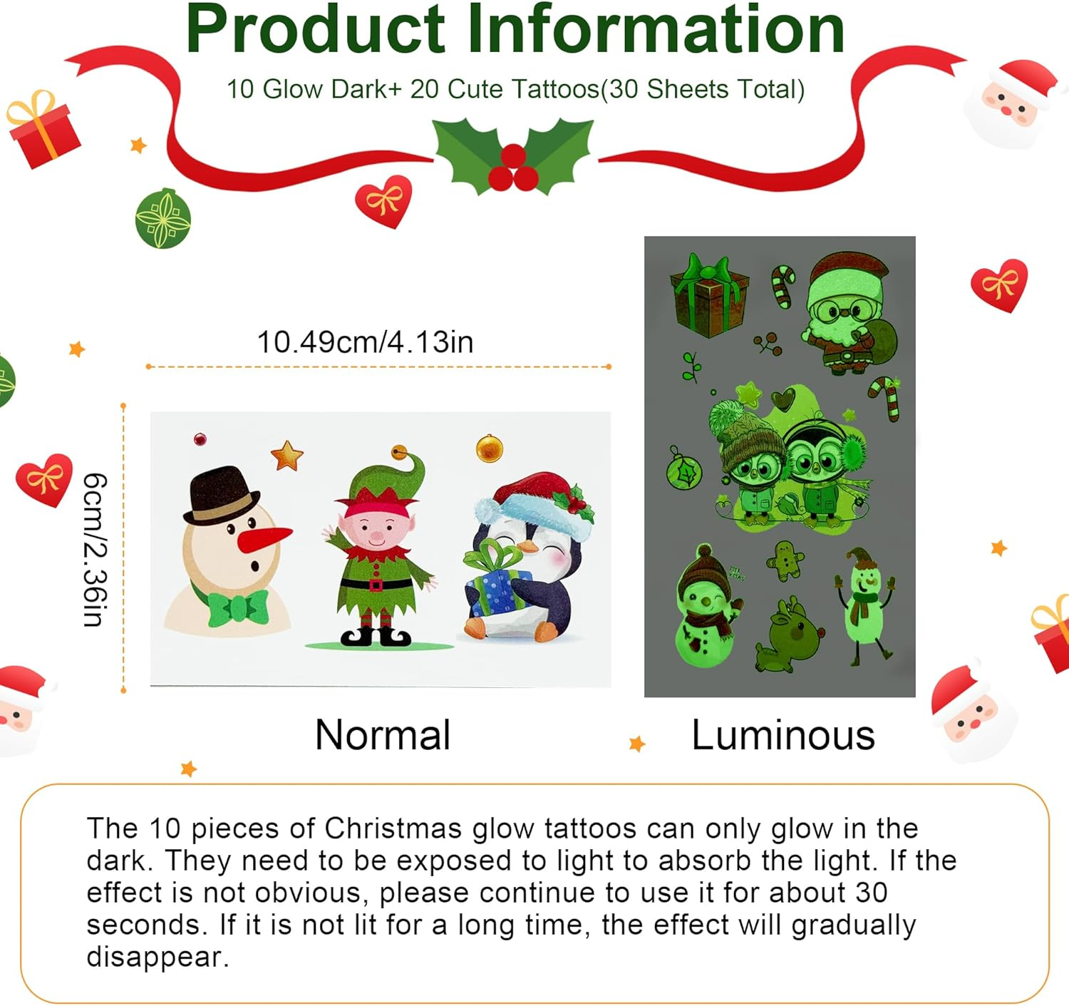 30 Sheets Christmas Luminous Temporary Tattoos for Kids -10 Sheets Christmas Glow in the Dark Tattoos Stickers & 20 Sheets Cute Tattoo Decorations for Boys and Girls, Party Favours Stocking Stuffers Gifts image number 4