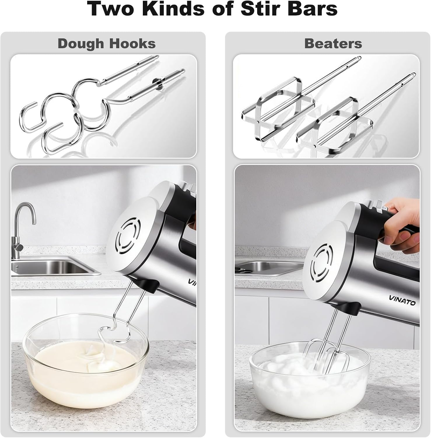 VINATO Electric Mixer, 300W Hand Mixer with 6 Speed, 2 Whisks and 2 Stainless Steel Kneader Hooks for Dough, Eggs, Cakes, Cream image number 5