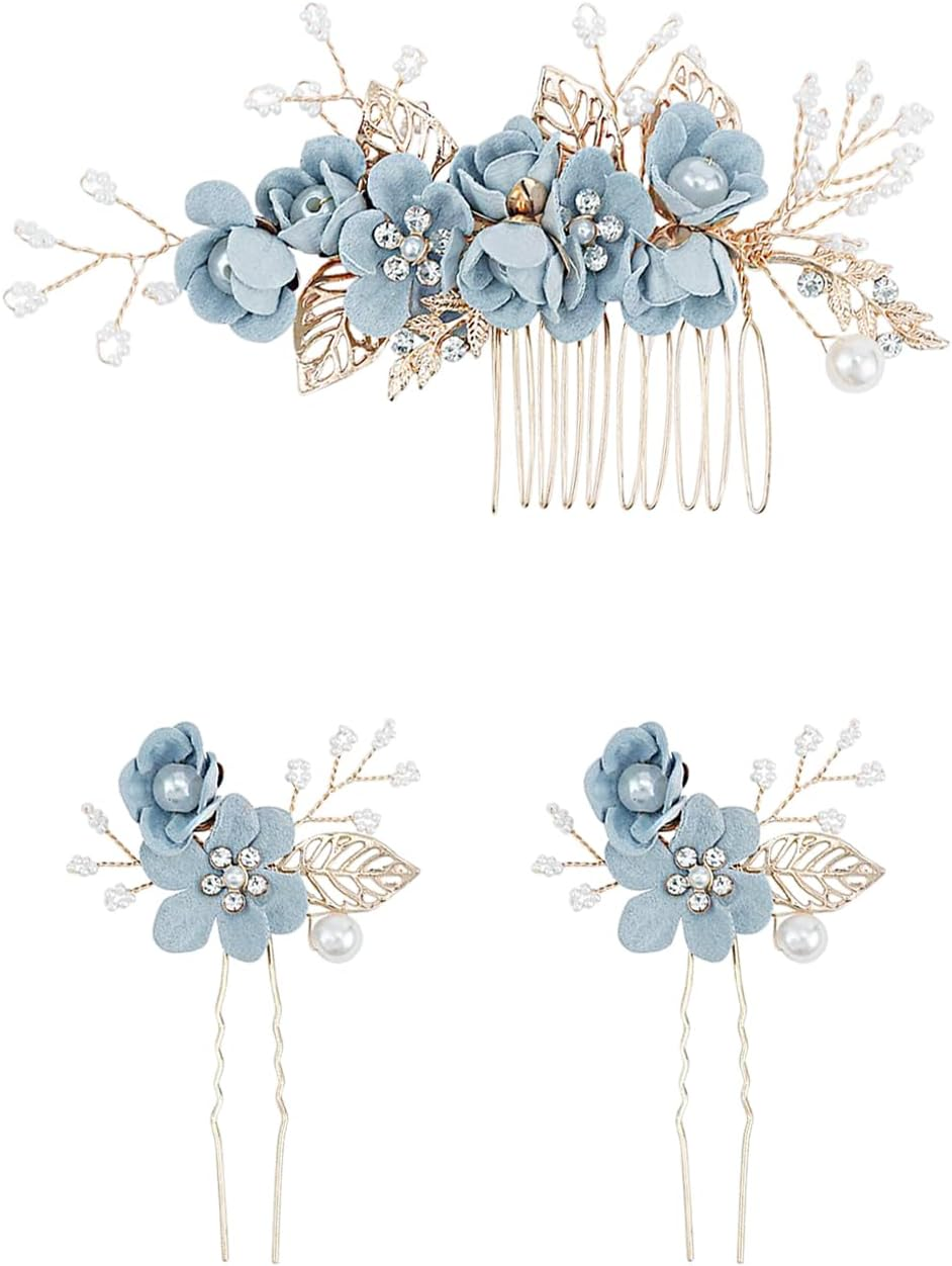 1 Blue Hair Comb, 2 Blue Hair Pins, Wedding Party Headpiece, Prom Accessories, Photo Decoration Props image number 2