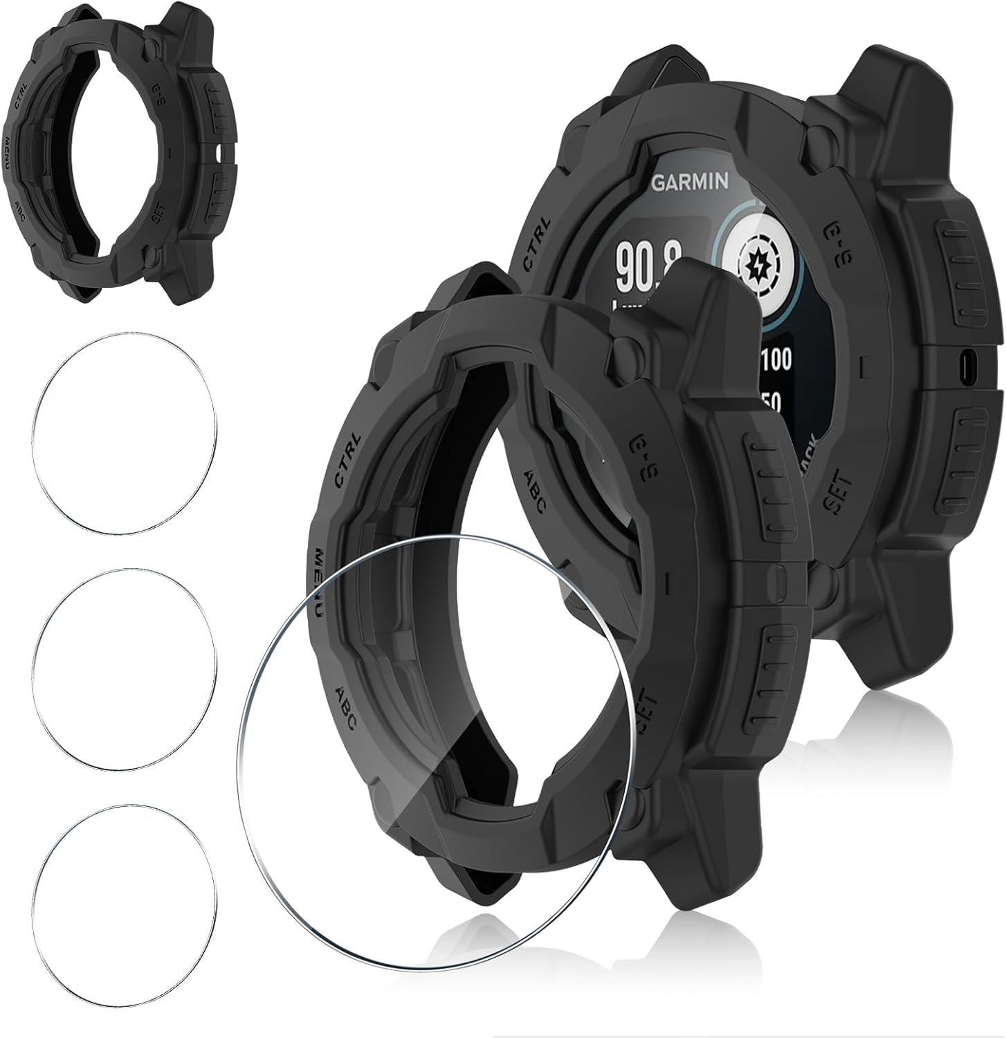 Funrae Silicone Case with Screen Protector Compatible with Instinct 3 45 Mm Amoled/Solar, 9H Hardness Screen Protector for Tempered Glass X 3 + Full Protection PC Scratch-Resistant Protective Case X 1