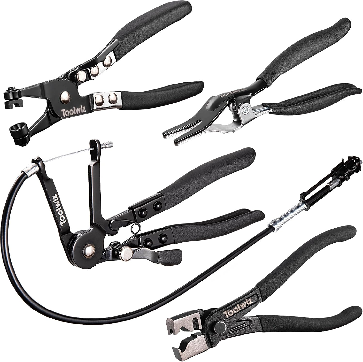 Toolwiz Hose Clamp Pliers, Spring Coolant Radiator Hose Clamp Pliers Set, Includes Flat-Band and 27" Flexible Long Reach Wire Spring Automotive Tools image number 2