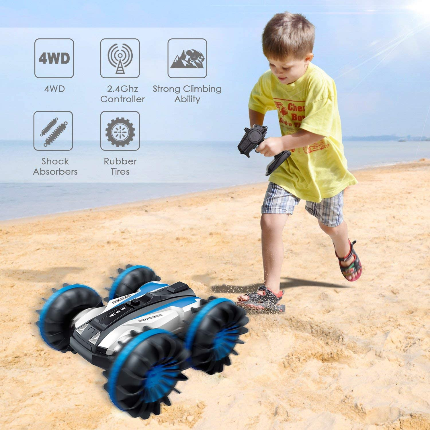 Pussan Car Toys for 5-12 Year Old Boys Amphibious Remote Control Car for Kids 2.4 Ghz RC Stunt Car for Boys Girls 4WD off Road Monster Truck Christmas Birthday Gifts Remote Control Boat Beach Toy image number 5