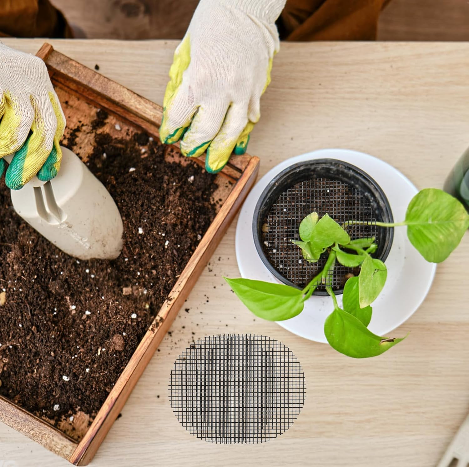 Flower Pot Hole Mesh Pad, Bonsai Pot Bottom Grid Mat, Plant Succulent Planter Liner Drainage Hole Net Screen Gasket, Prevent Soil Loss (150Pcs round 4In)