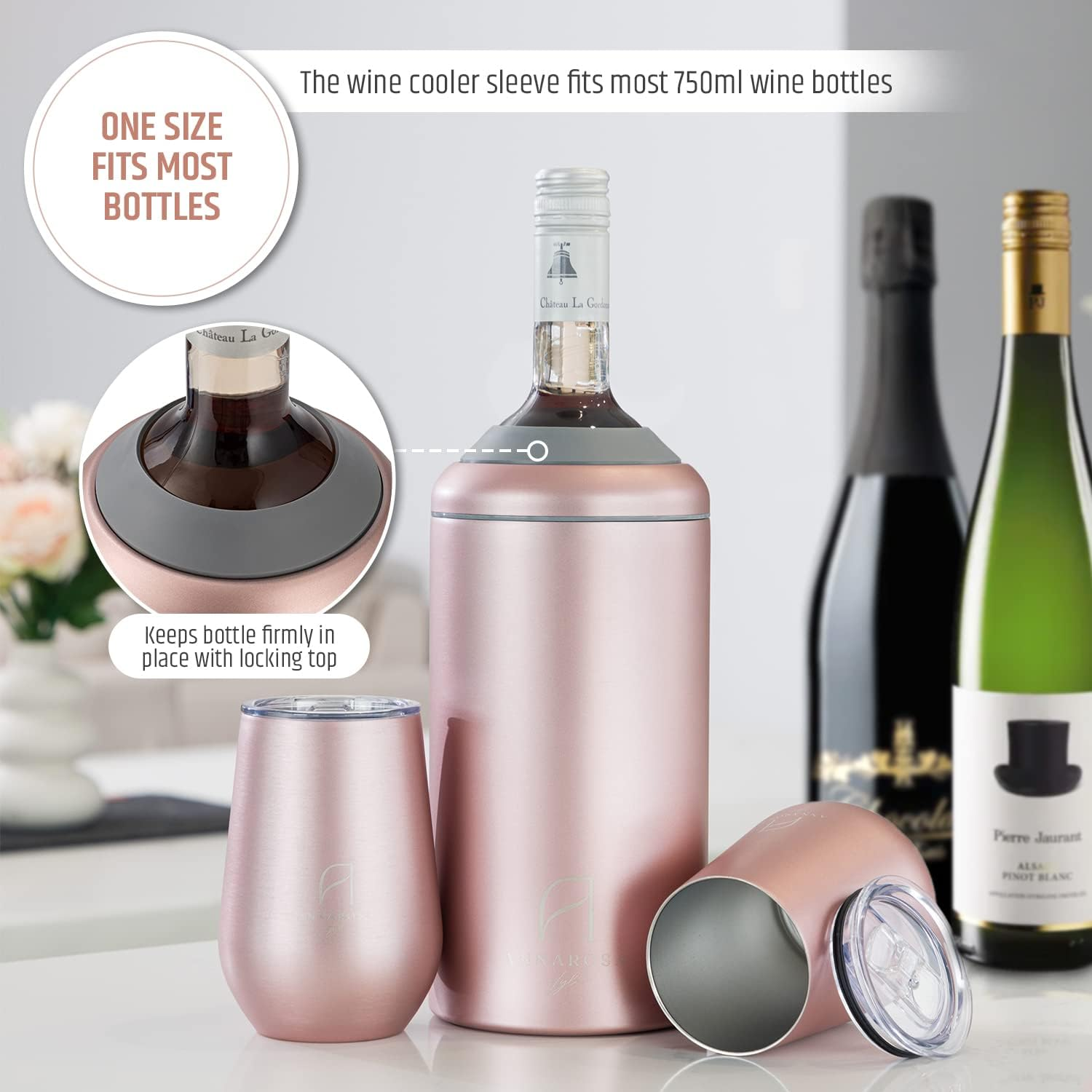 Wine Chiller Gift Set&ndash; Large Premium Iceless Cooler &ndash; Ideal for 750Ml Bottles - Insulated and Double Walled Stainless Steel Chiller and Tumblers with Spill Proof Lids image number 1