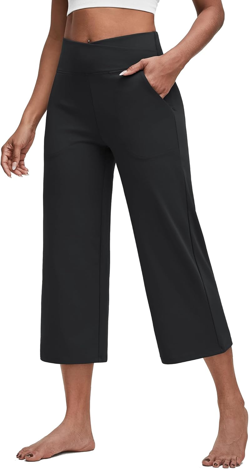 G4Free Capri Pants for Women Wide Leg Yoga Dress Capris with Pockets Cross Loose Casual Work Crop Pants