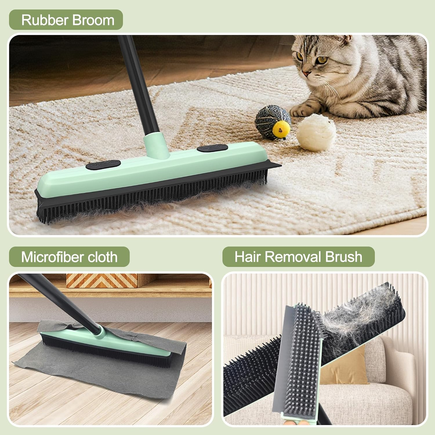 DALIPER Upgraded Rubber Broom Pet Hair Remover with Squeegee Fur Sweeper Small Detailing Lint Brush to Fluff Carpet Rug Tile Hardwood Floor image number 4
