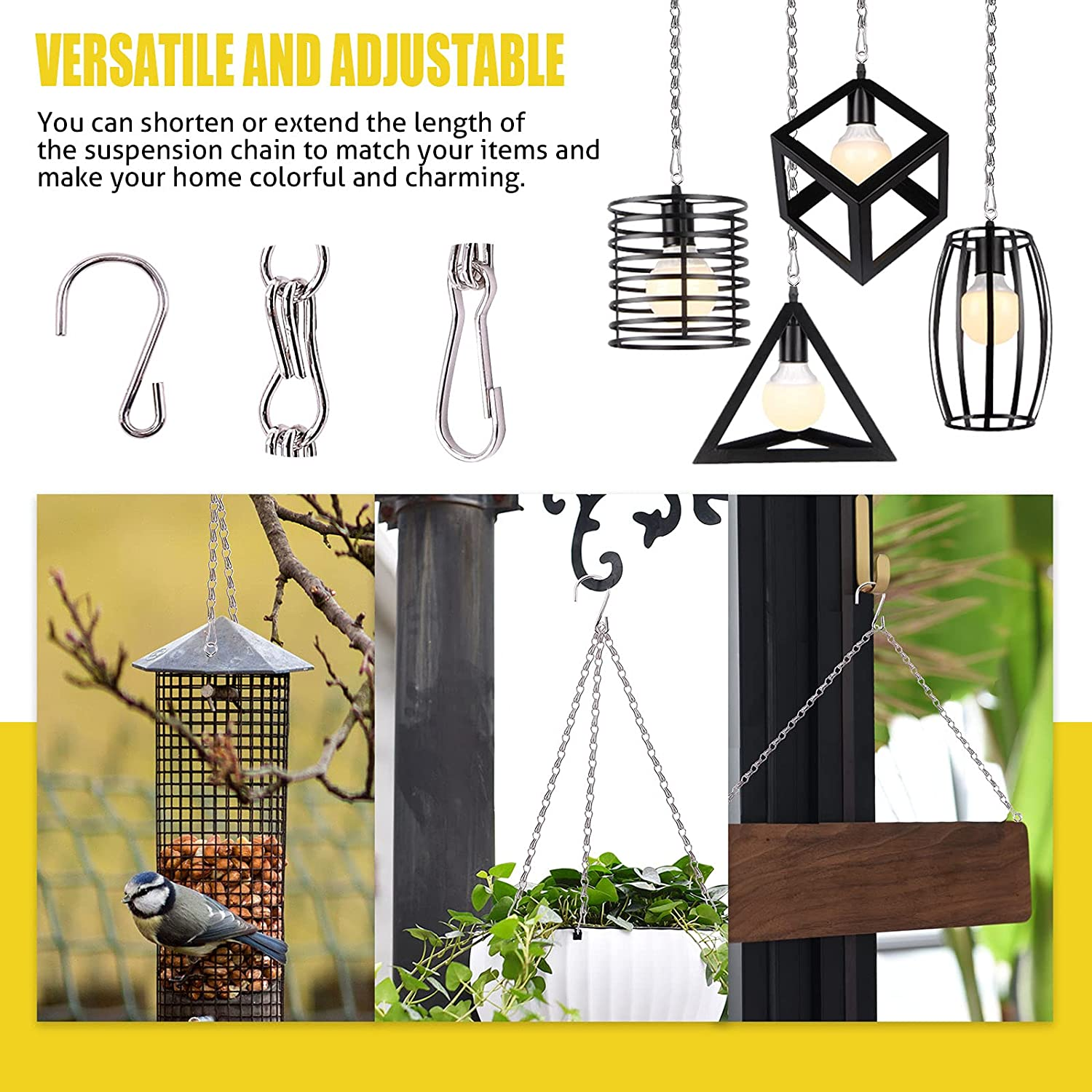 16 Sets 3 Types Long Hanging Basket Chains and Hooks Assortment Kit Chains Hanger for Bird Feeders, Planters, and Decors Suitable for Home Apartment Bedroom Indoor or Outdoor Use image number 6