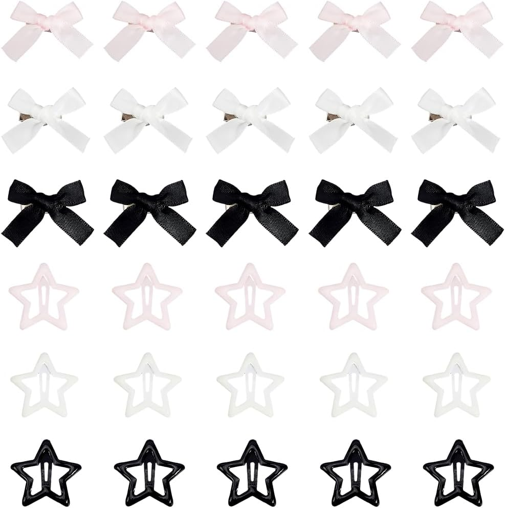 SOFPLATE Pack of 60 3 Colours Colourful Hair Clips with Bow Mini Hair Clips Small Polyester Bow Iron Enamel Stars Coquette Black White Alligator Accessories for Short and Long Hairstyle image number 3