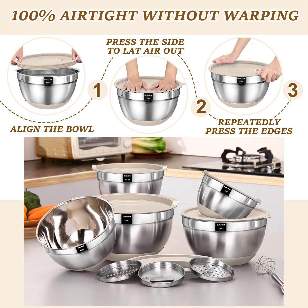 Umite Chef Mixing Bowls with Airtight Lids Set, 8PCS Stainless Steel Khaki Nesting Bowls with Grater Attachments, Kitchen Bowls with Non-Slip Bottoms, Size 5, 4, 3.5, 2, 1.5QT for Mixing & Serving image number 3