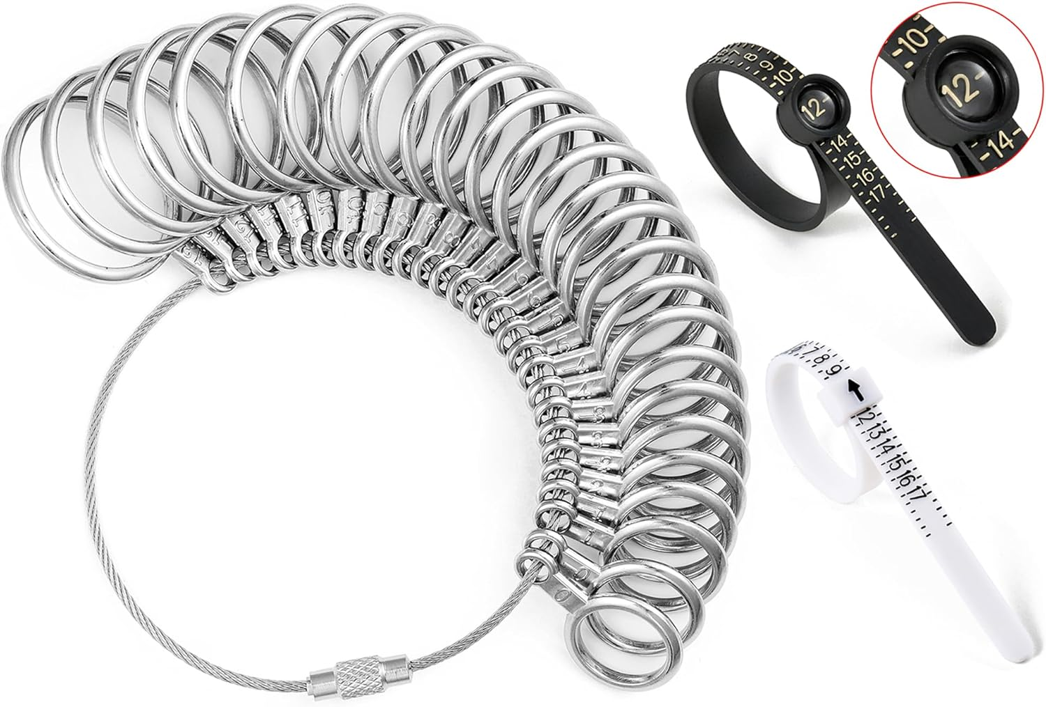 Ring Sizer Measuring Tool Kit, 27 PCS Stainless Steel Measuring Ring Tool, US Ring Size 0-13 with Half Size, 2 PCS Reusable Finger Size Tape with Magnified Glass 1-17 USA Rings Size image number 1