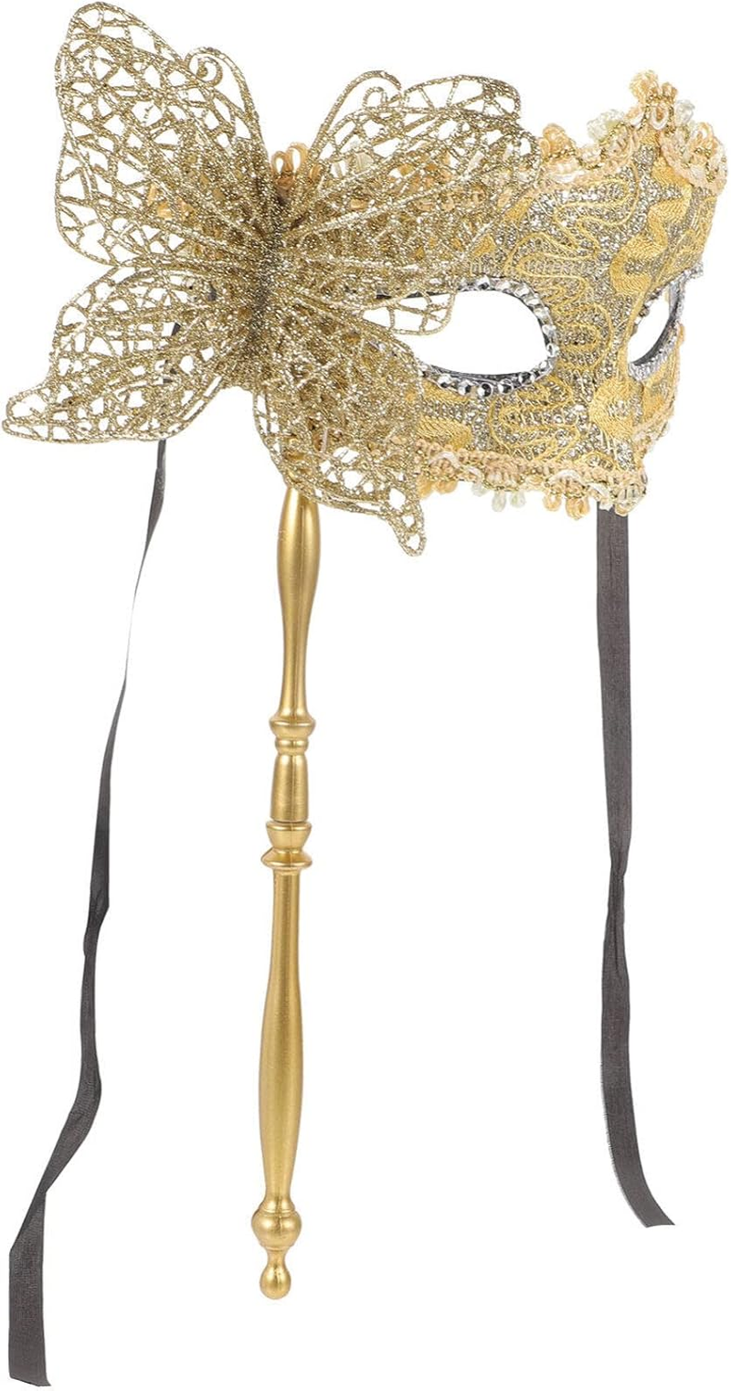 NUOBESTY Masquerade Mask with Stick Venetian Halloween Costume Mask Mardi Gras Mask for Womens Cosplay(Golden) image number 6