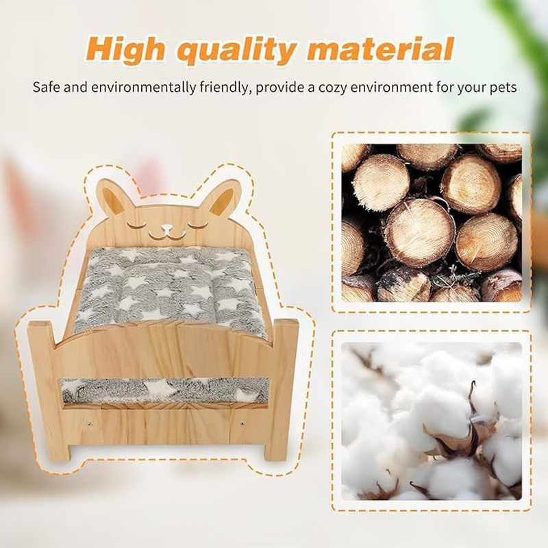 Large Wooden Rabbit Bed with Soft Mat, 2 in 1 Folding Pet Bed for Rabbit Guinea Pig Hamster Ferret Chinchilla Kitten Puppy Sleeping, Detachable Small Animal Bed image number 2