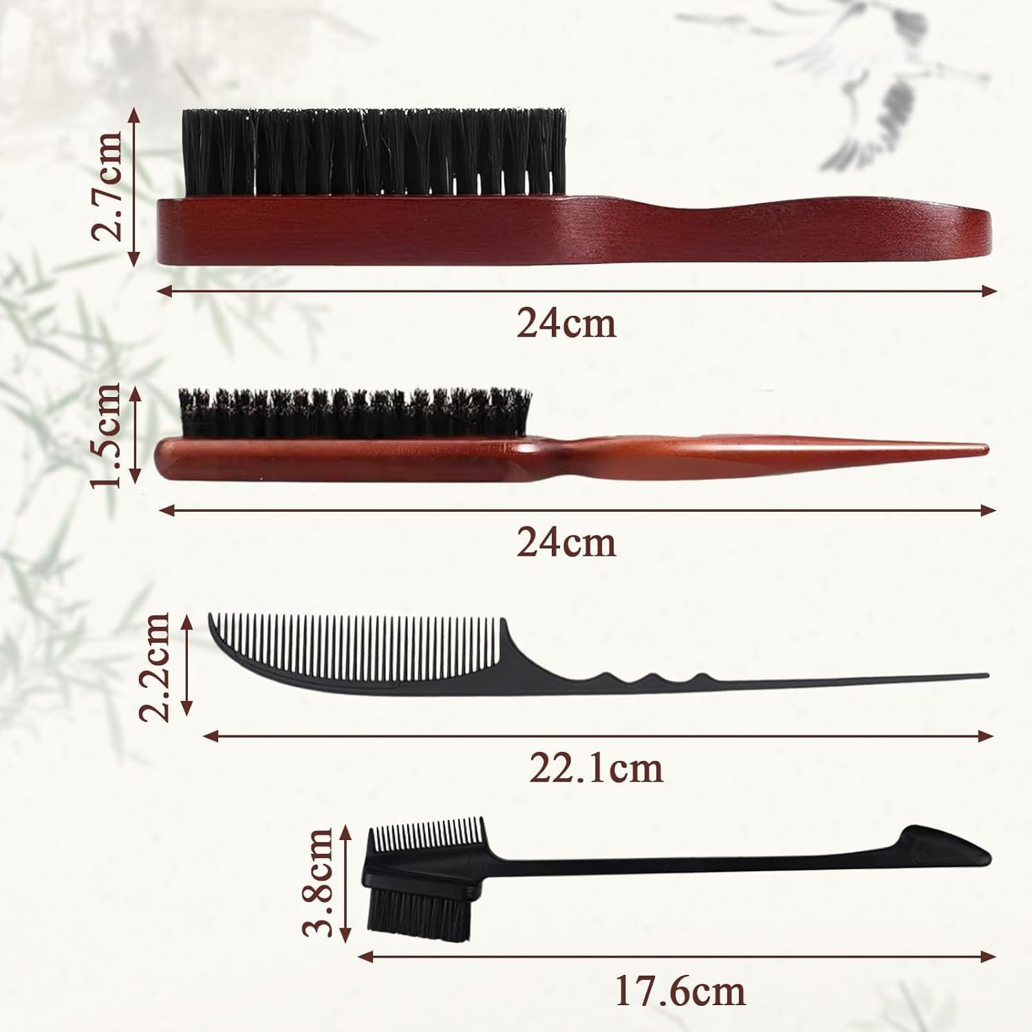 4Pcs Slick Back Hair Brushes Boar Bristle Hair Brush with Crescent Comb and Eyebrow Comb, Wooden Handle Bristle Slick Back Teasing Boar Bristle Sleek Styling Hair Brush