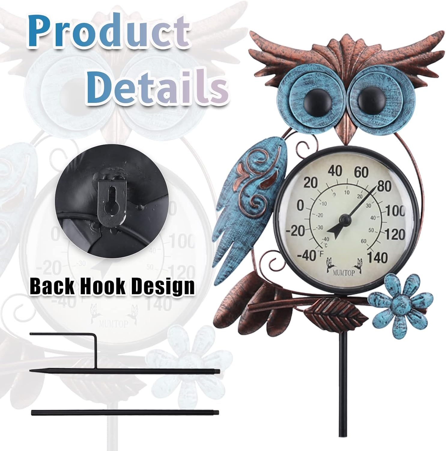 MUMTOP Outdoor Thermometer, 42 Inch Metal Owl Garden Stake outside Wall Thermometer for Patio, Yard and Garden image number 1