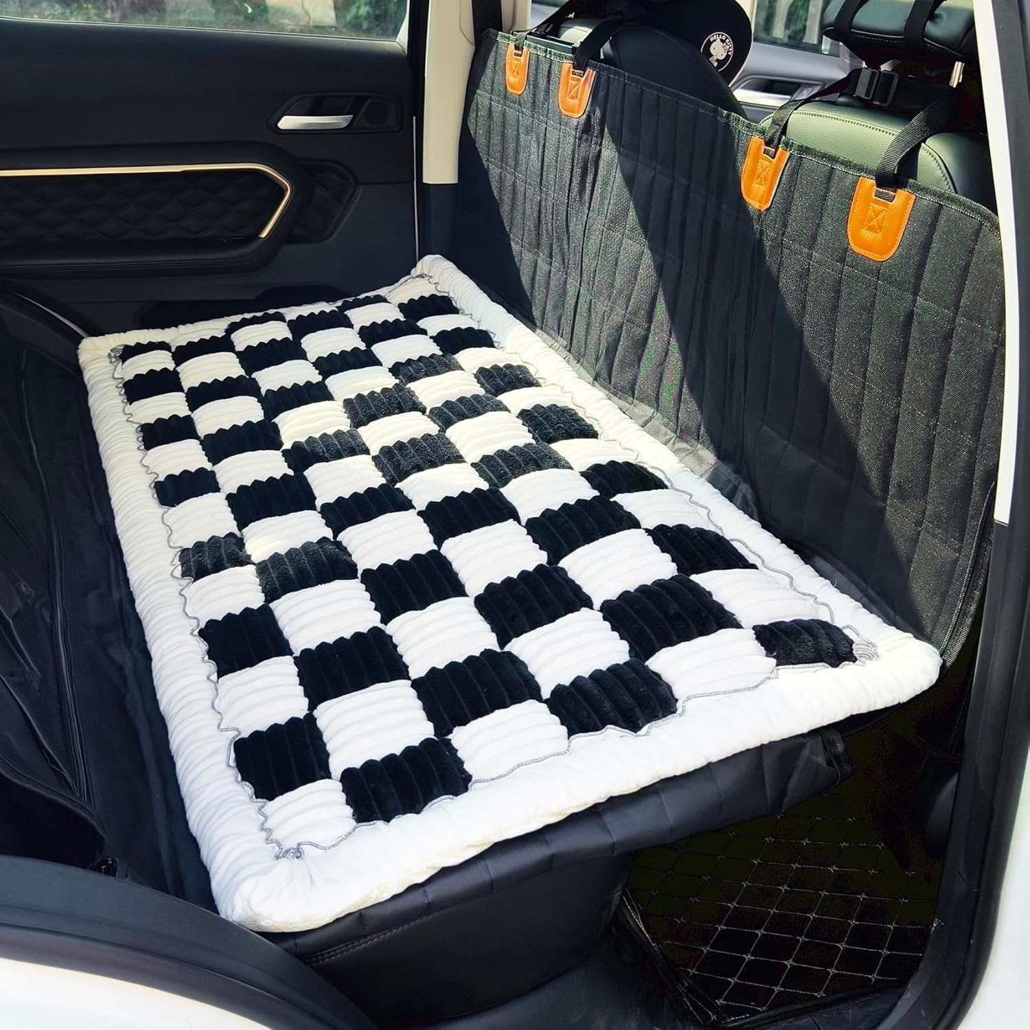 Backseat Pet Bed Mat, Plaid Dog Bed for Car, Non-Slip Travel Dog Bed, Custom Fit for Backseat Extenders and Seat Covers (Black&White, 24.8X54 Inch)