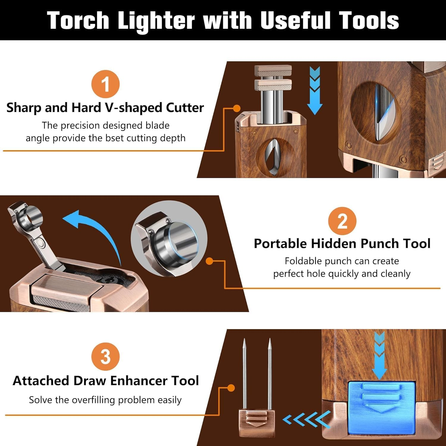 5-In-1 Torch Lighter with V Cutter, Punch, Holder, Nubber, Adjustable Windproof 4 Jet Flame, Multi-Functional Lighter Accessories,Butane Refillable Lighter for Travel, Outdoors (Brown) image number 1
