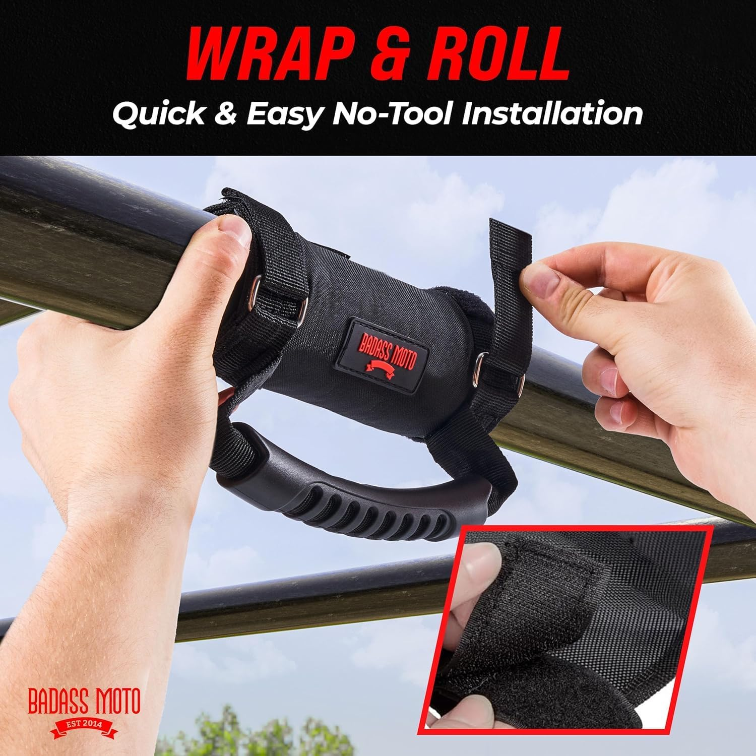 Badass Moto Roll Bar Grab Handles SXS, ATV, & UTV Grab Handles Grips for 1.5 to 2" Rollbar - Black & Red Hand Grip Grabs with Stainless Steel Buckles for Honda, Teryx, Can-Am, Polaris, Quad - 2 Pack image number 1