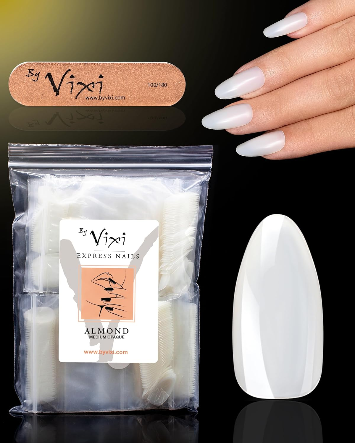 By Vixi 600 MEDIUM ALMOND NAIL SET with PREP FILE, 10 Sizes &ndash; Opaque Express Full Cover False Fingernail Extensions for Salon Professionals & Home Use