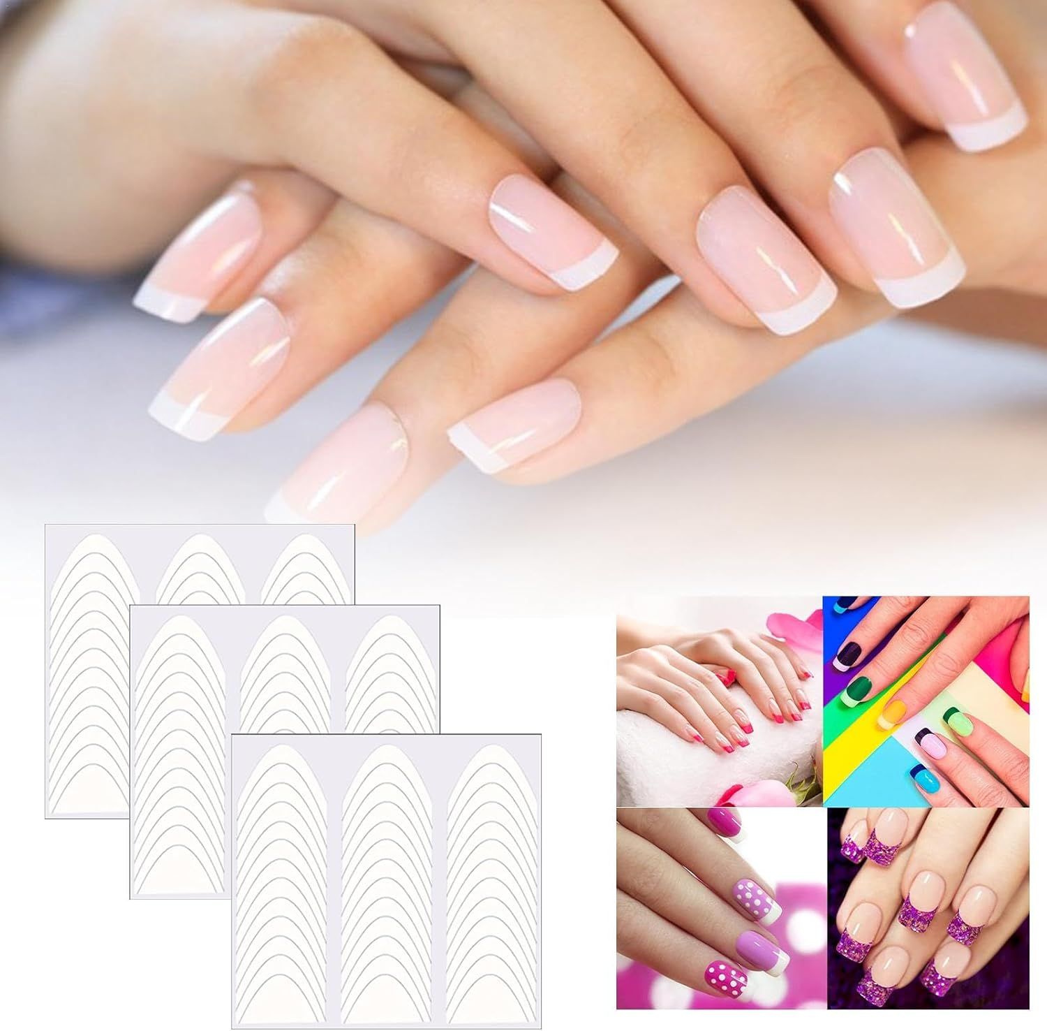 Jiimhte French Tip Nail Stickers,French Manicure Nail Strips 1368 Stickers | Decoration Stencil Tools French Manicure Strips Nail Stickers with Three Arc Moon Shapes for Salons image number 3