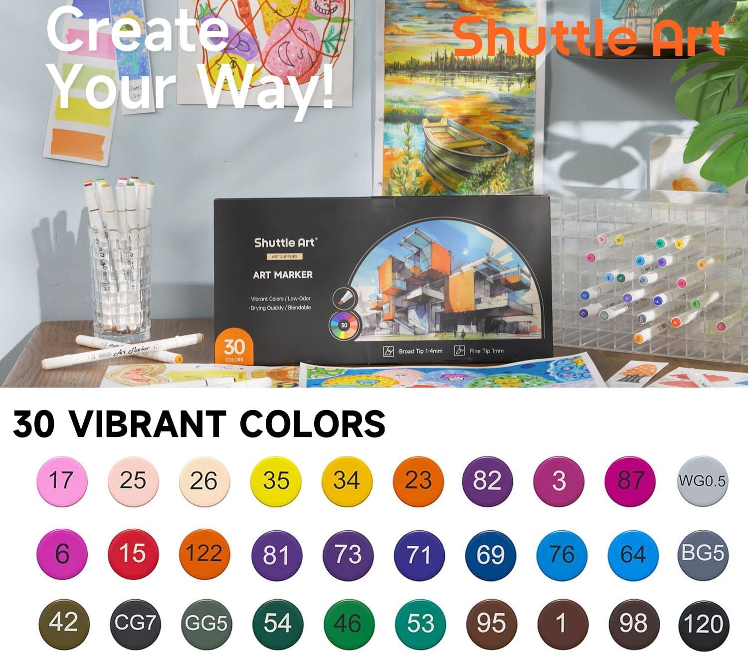 Shuttle Art 30 Colours Alcohol Markers, Dual Tip Art Markers for Drawing, Sketching Highlighting, Marker Pens for Artists and Adult Colouring Manga Design