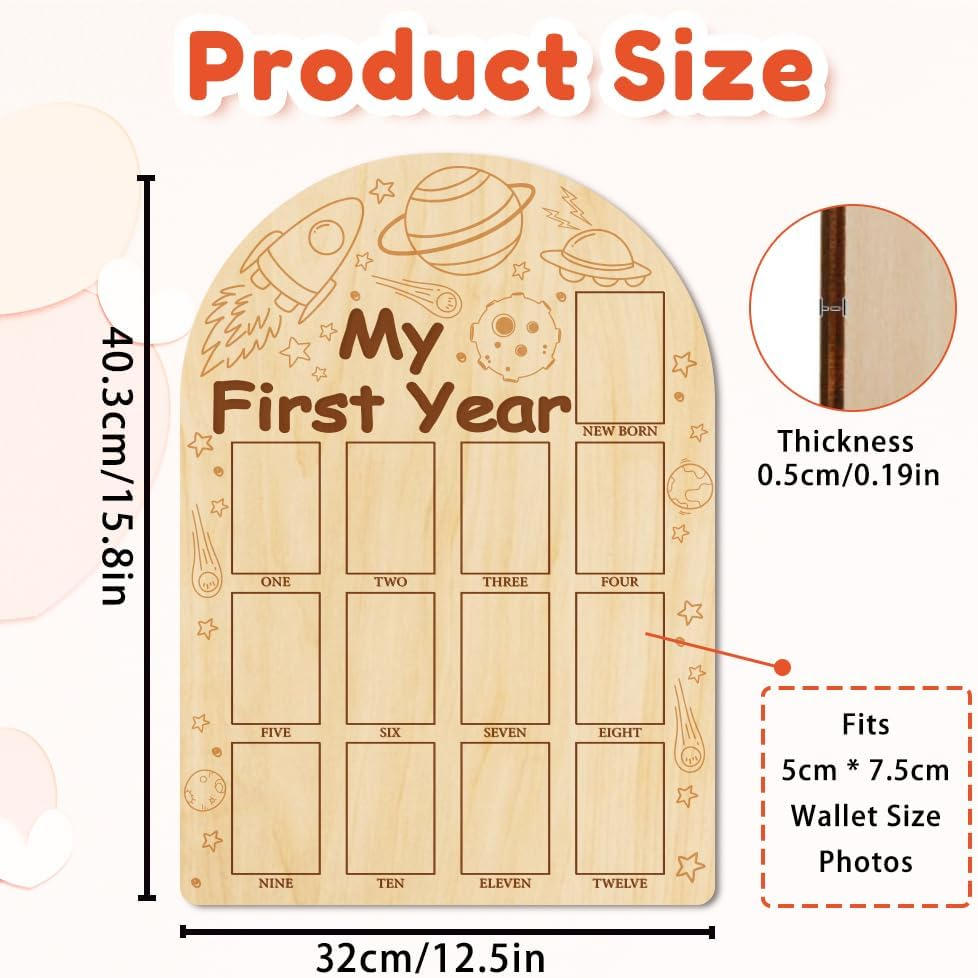 ORIGACH My First Year Baby Growth Photo Display Wood Board - 12 Months Newborn Milestones Photo Board - Neutral Baby Keepsake Board 1St Birthday Party Nursery Decor New Mom Gift - Space image number 6
