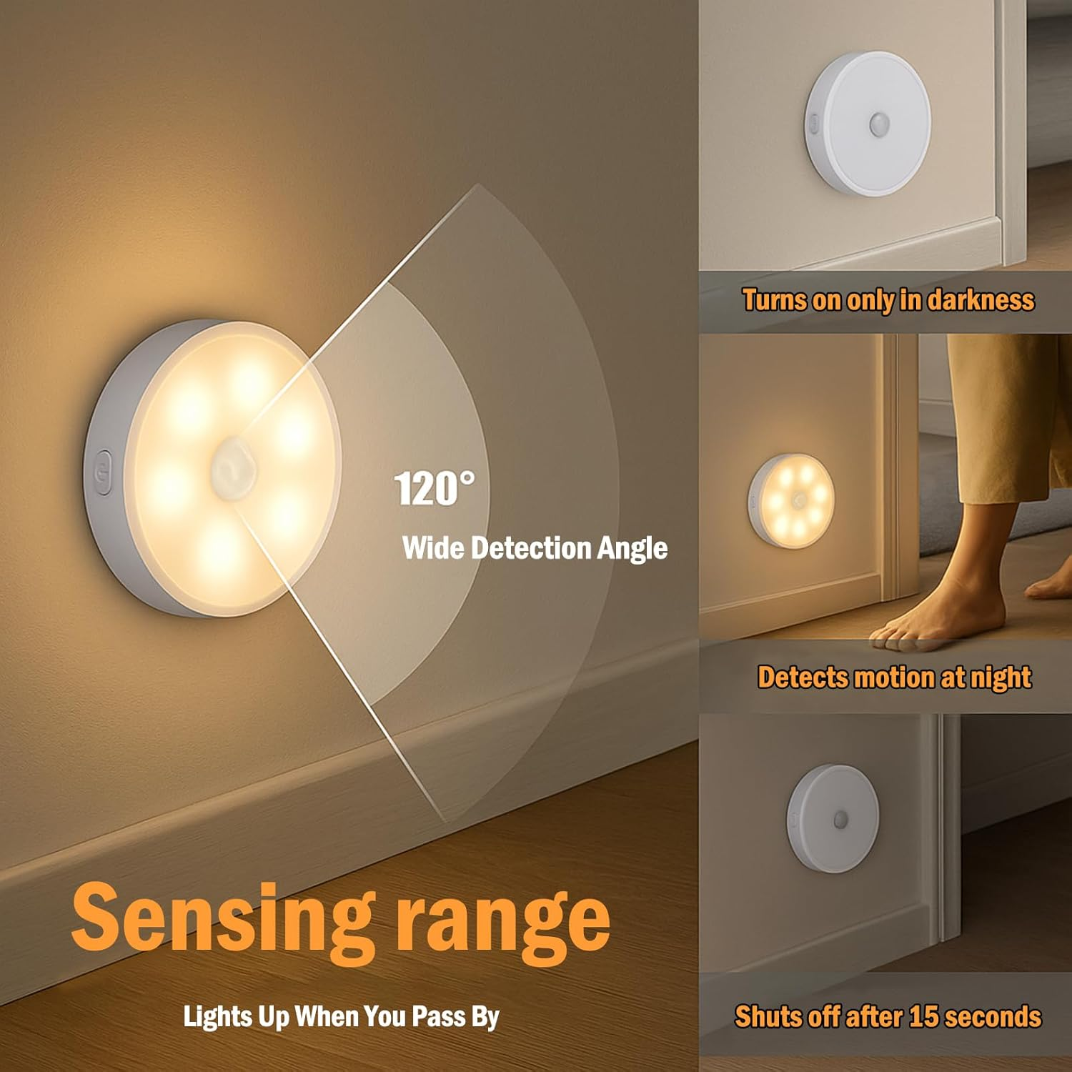 [6 Pack] LED Motion Sensor Night Light, Rechargeable, 3 Color Strip Light, USB Powered, Magnetic Mount, Auto On/Off, Wireless Human Body Sensor for Bedroom, Closet, Hallway, Anywhere Stair Light image number 1
