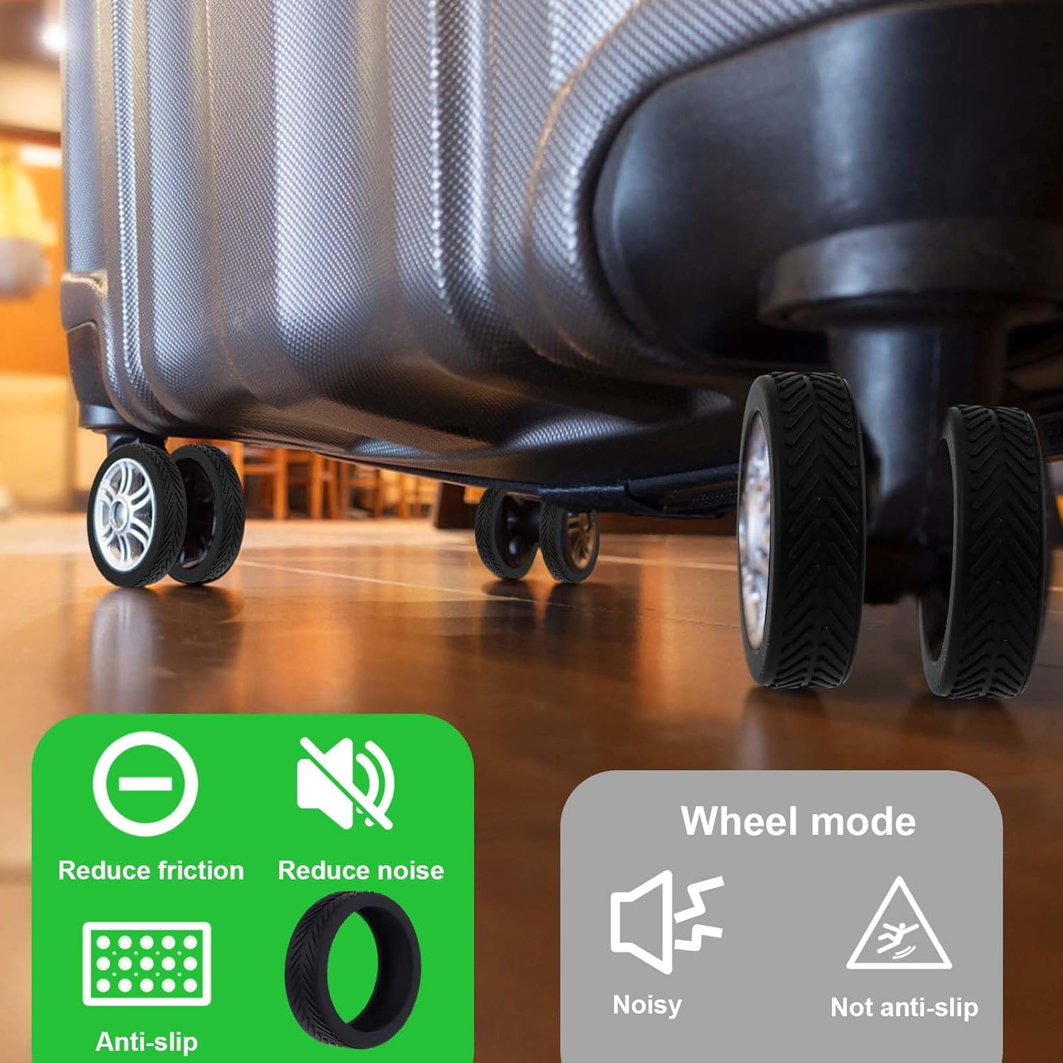 NQEUEPN 8Pcs Luggage Wheel Covers, Silicone Luggage Wheel Protector Spinner Suitcase Wheel Covers Black Anti-Noise Anti-Wear Luggage Caster Accessories for Most 8 Caster Suitcase, Black, S image number 5