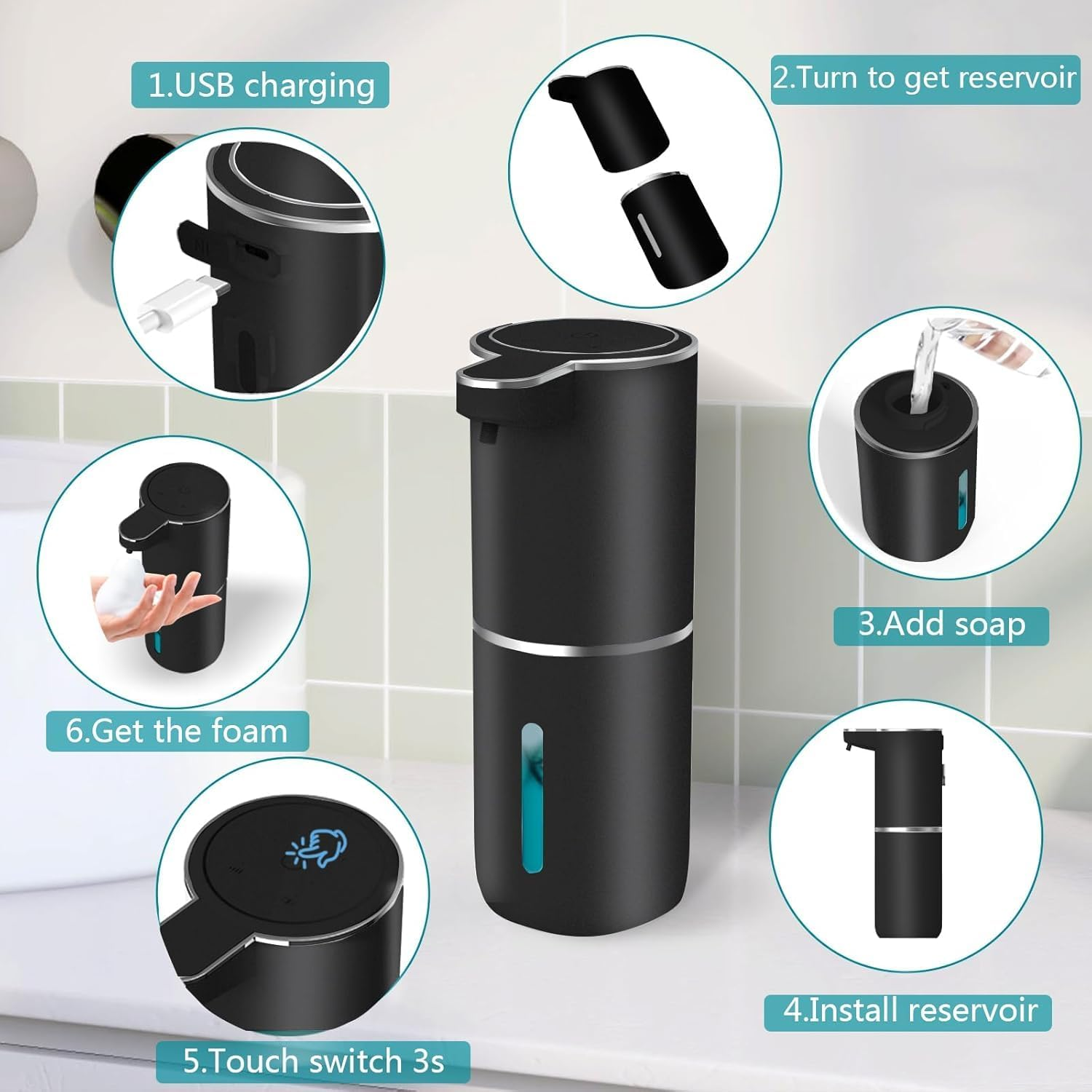 Automatic Soap Dispenser, Touchless Foaming Soap Dispenser 380Ml USB Rechargeable Dispenser Electric Wall Mounted 4 Levels Adjustable Foam Soap Dispenser Pump for Bathroom Kitchen Dish Soap (Black) - White image number 4