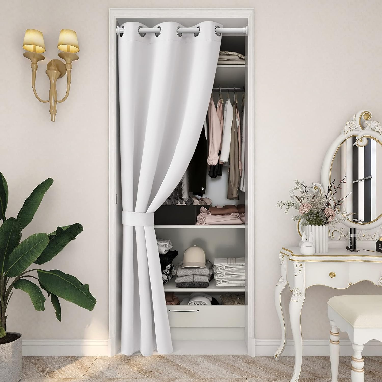 HOMEIDEAS Greyish White Doorway Curtains Privacy, Grommet Closet Curtain for Bedroom, 80 Inches Length Solid Blackout Door Cover Curtains, Tie Back Insulated Window Curtain Drape, 1 Panel image number 7