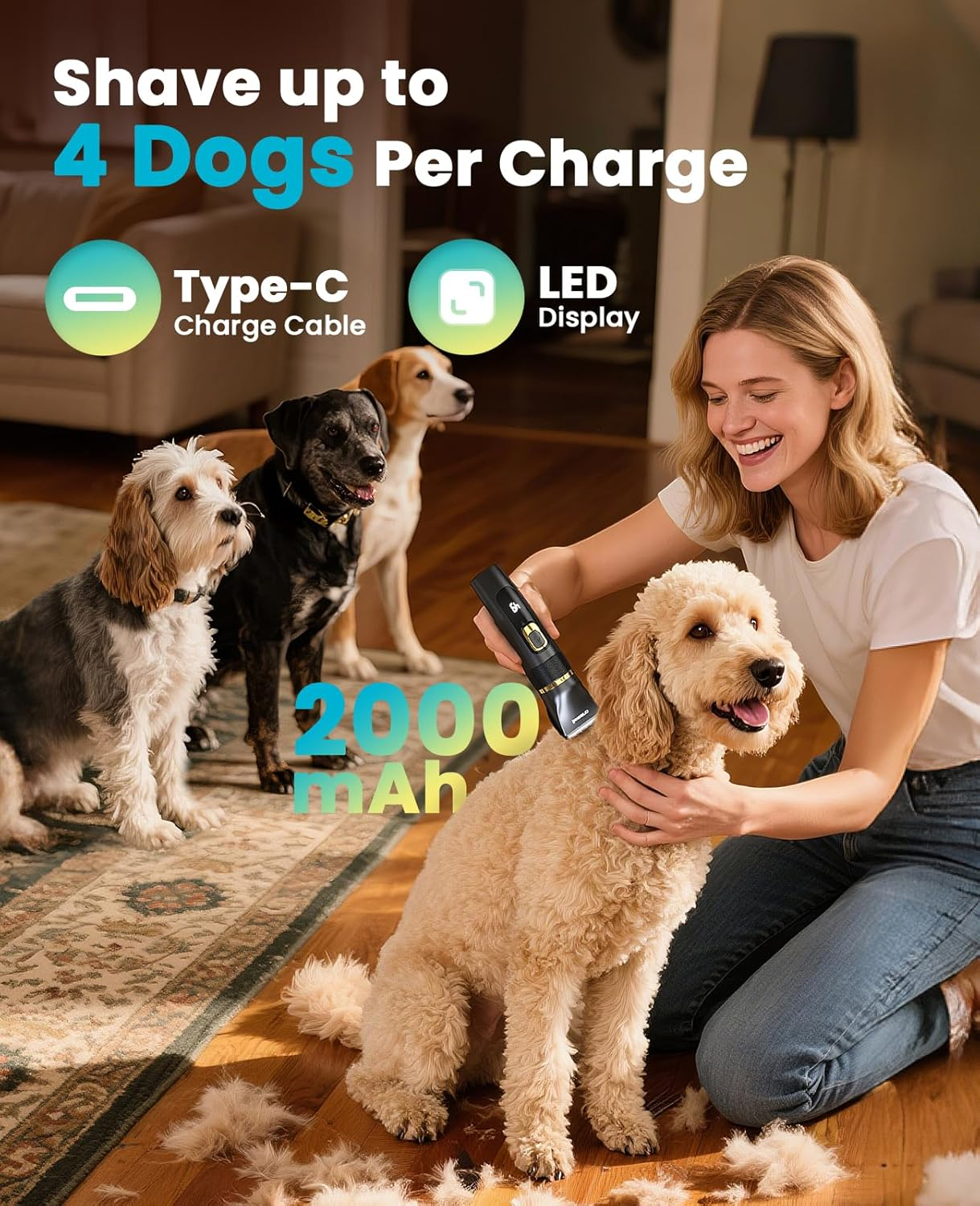 Oneisall Quiet Dog Clippers Upgrade Pro, Professional Clippers Dog Cat 2000 Mah Rechargeable, IPX7 Waterproof Poodle Clippers for Grooming at Home image number 2