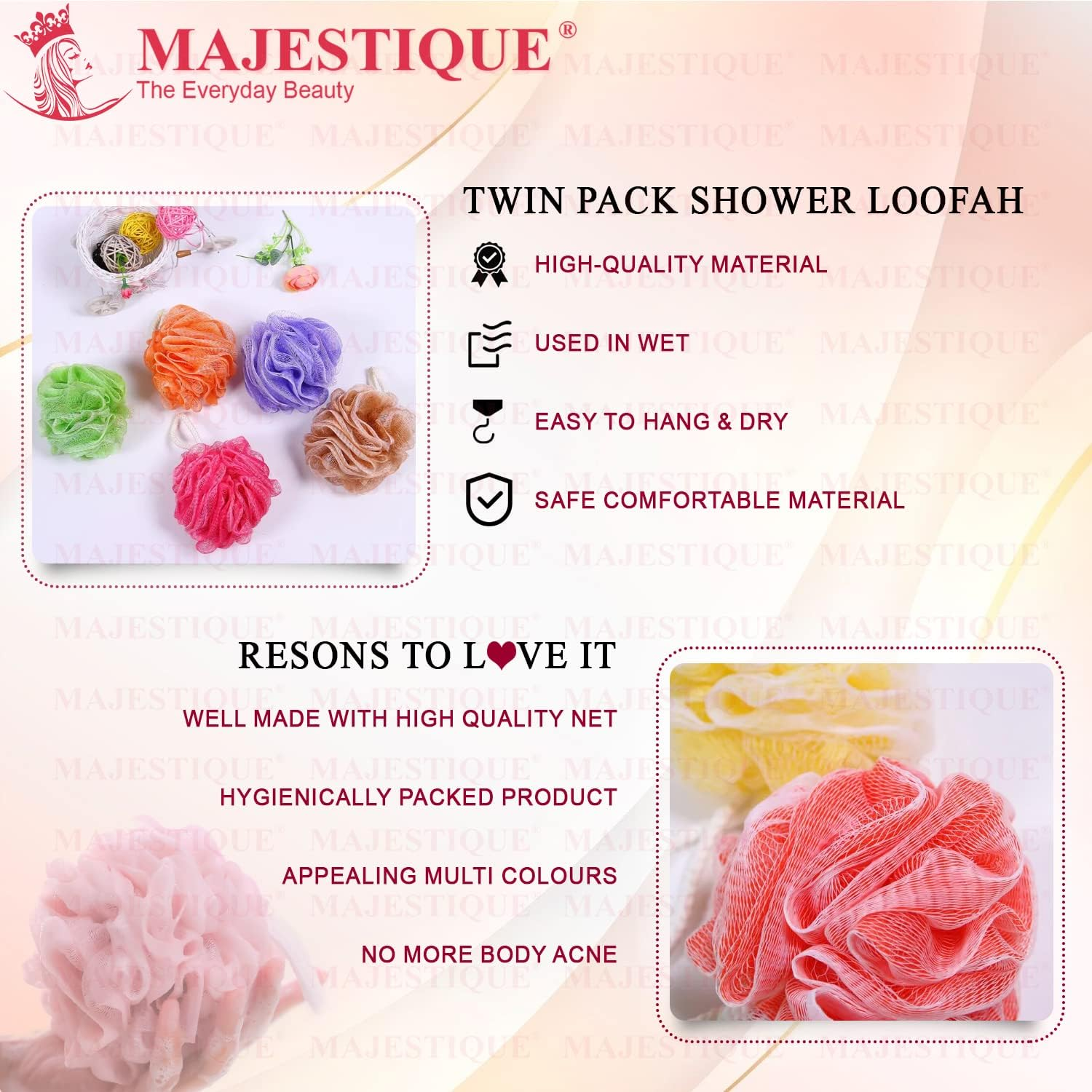 Majestique Twin Pack Exfoliating Bath Loofah Super Soft Mesh Exfoliating Back Scrubber Body Shower Sponge Random Colours Value Pack Best for Men and Women (Pack of 2) image number 1