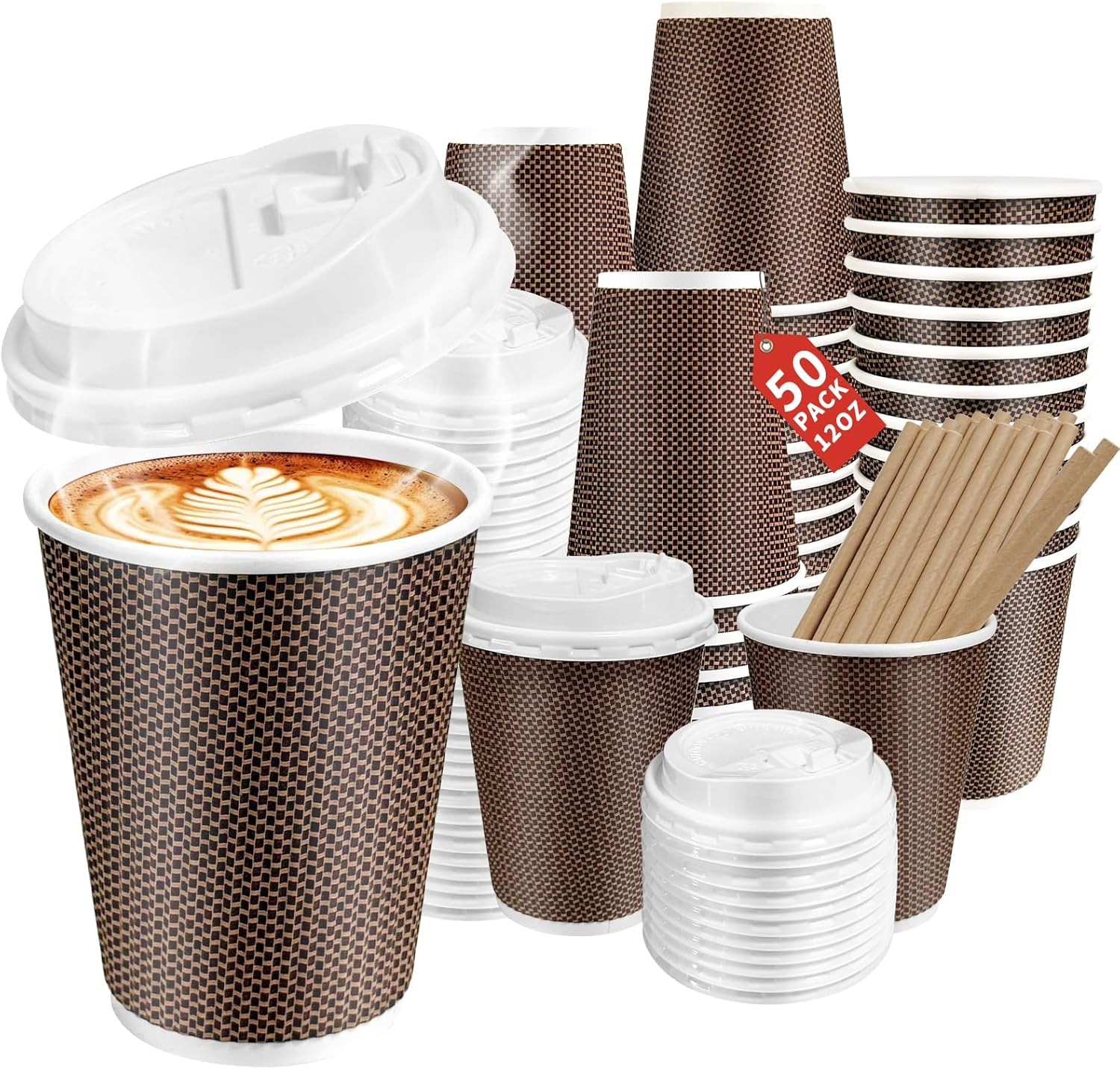 50Pack 12Oz Disposable Paper Cups, Leakfree Triple Wall Coffee Cups with Lid and Straws, to Go Paper Coffee Cup for Coffees,Tea,Chocolate,Hot Cold Drink, Ideal for Home,Parties,Weddings image number 6