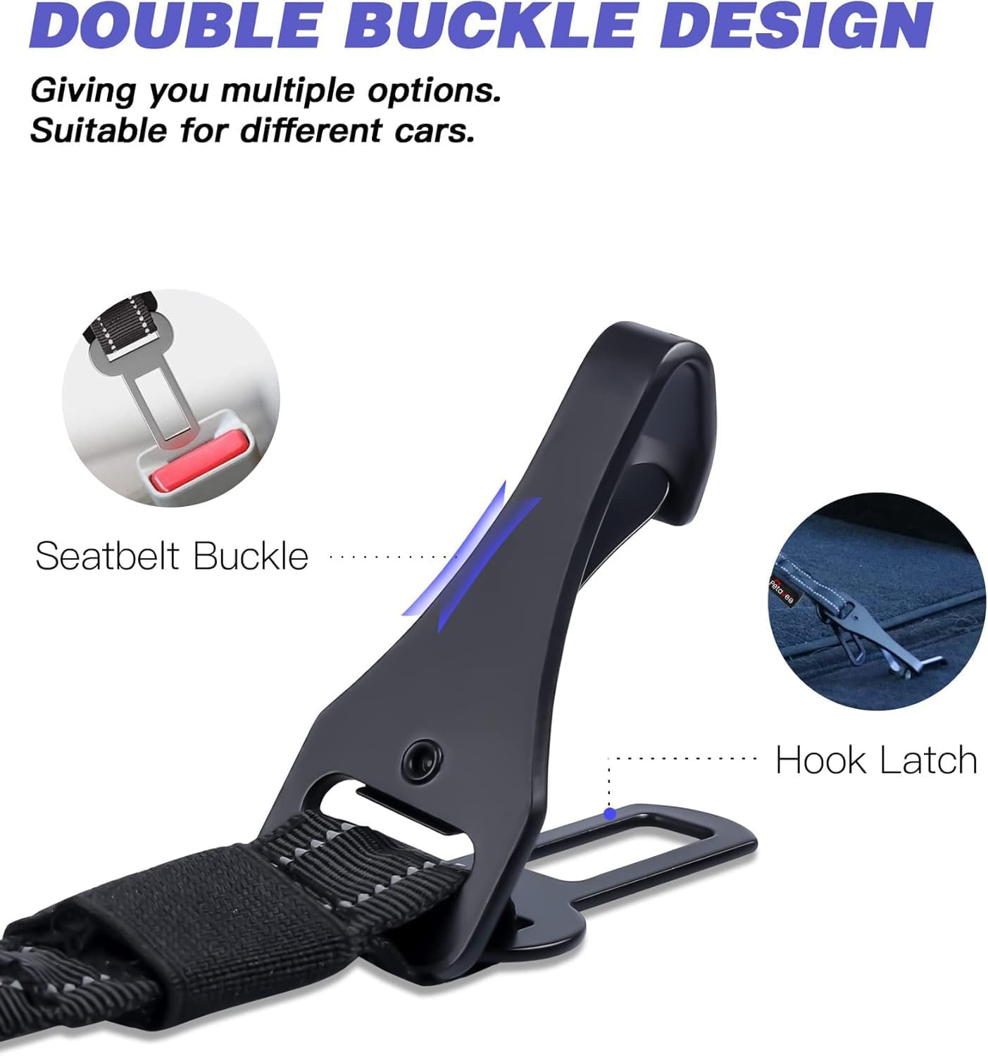 Petavee Dog Seat Belt for Car, Updated 3 in 1 Adjustable Dog Seat Belt for Car with Clip Hook Latch & Buckle, Heavy Duty Carabiner for Safe Travel, Black (25 to 32 Inches) image number 6