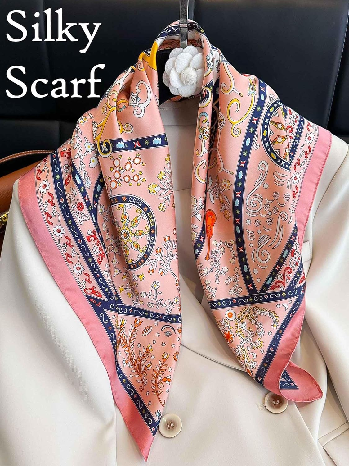 Onllh Silky Scarf for Women Lightweight Satin Bandanas Neck Hair Wrap for Sleeping Head Scarves 27.5" - A23 Pink Retro Elements/27.5" image number 4