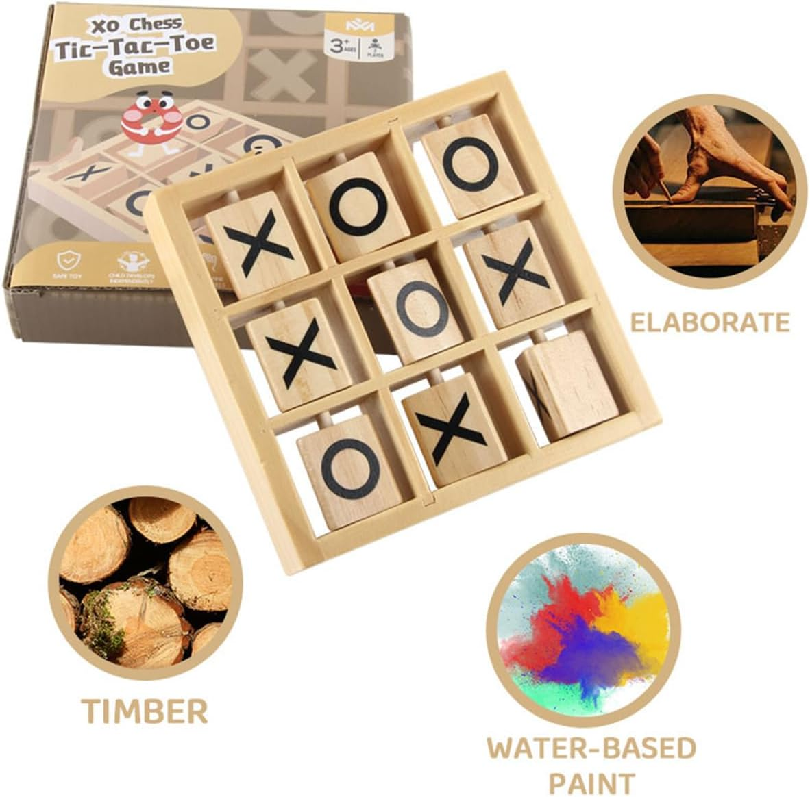 Wooden Tic Tac Toe Game Board for Kids & Adults - 14.5X14.5Cm Classic Strategy Game - Family Travel Toys, Home Decor, Educational Montessori Gift (Mini XO Chess Style) image number 2