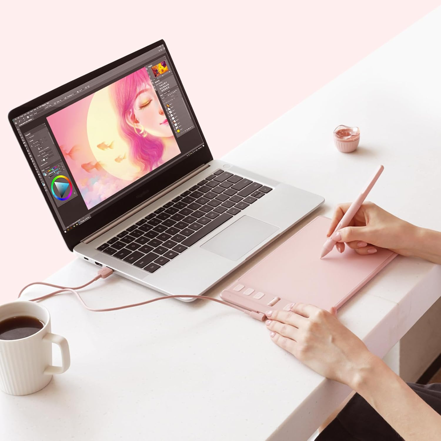 HUION Inspiroy 2 Small Drawing Tablet with Scroll Wheel 6 Customized Keys Battery-Free Stylus for Digital Art, Design, Photo Editing, 6X4 Graphics Tablet Works with Mac, PC & Moible, Pink image number 5