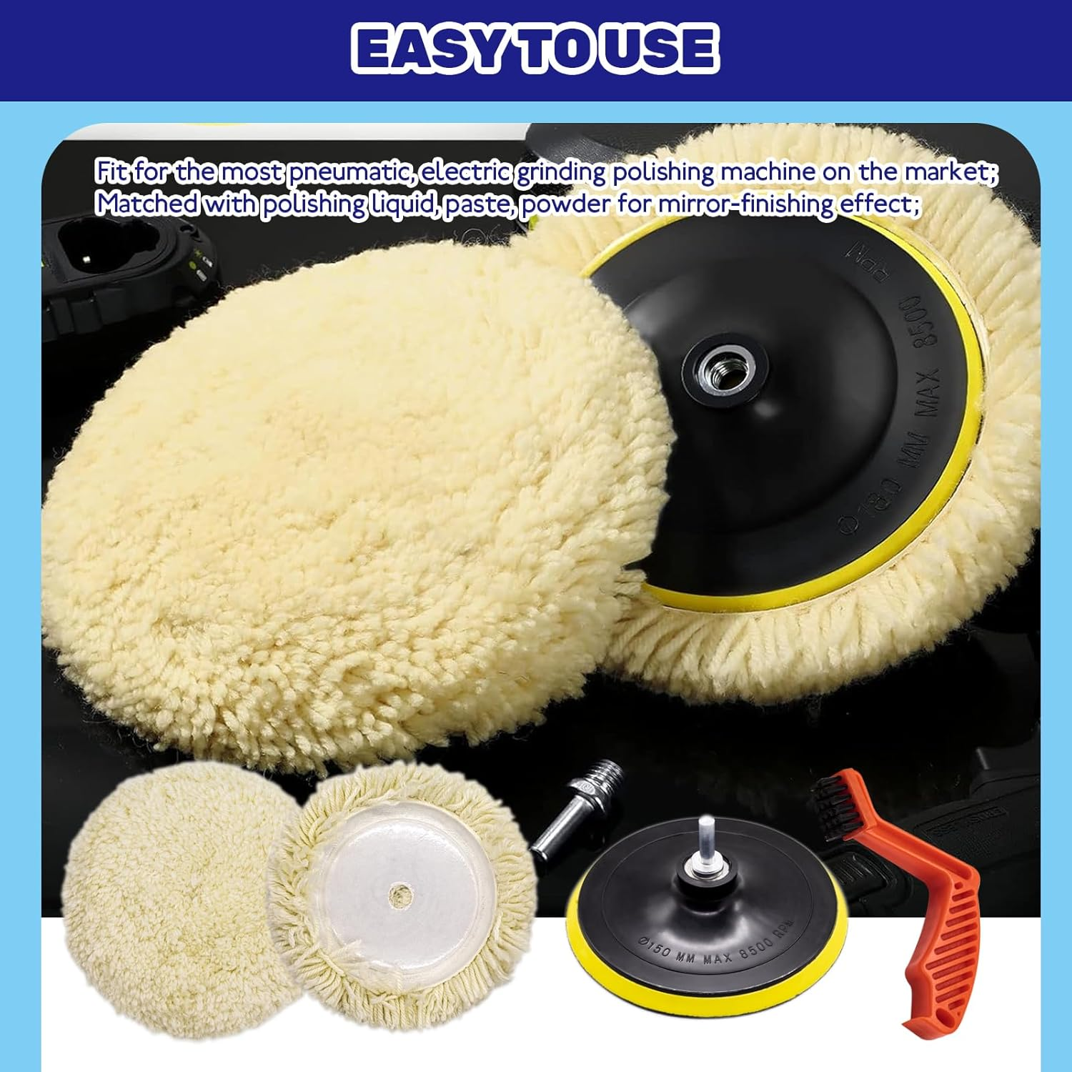 3Pcs 8" Wool Buffer Pad and 7" Hook and Loop Flexible Edge Polishing Backing Pad with Foam Buffing Pad Conditioning Brush for Compound Cutting Polishing and Automotive Car Detailing