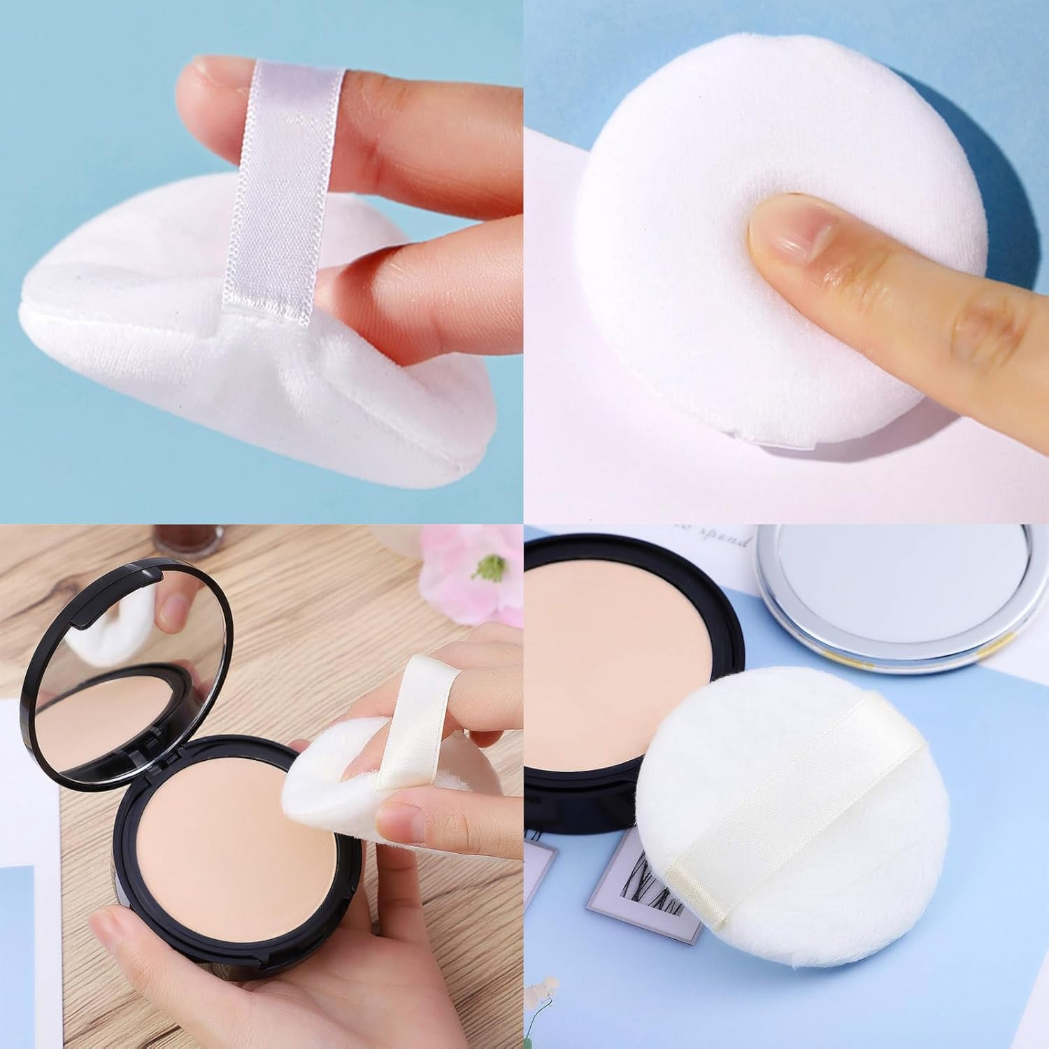 4 PCS Makeup Powder Puff,Washable 2.36 Inch Cotton Puff Pads with Ribbon,White round Beauty Tools for Loose Foundation Setting Puffs and Liquid Cosmetic image number 2