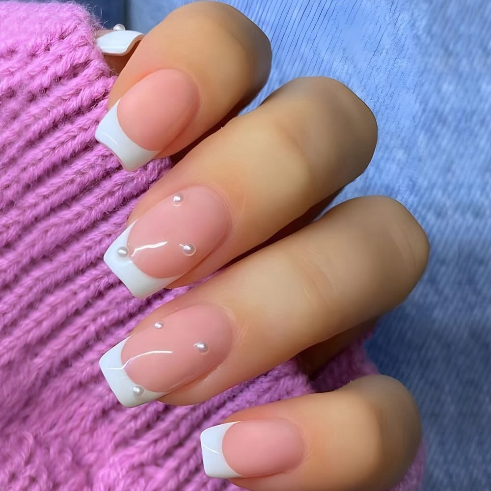 KXAMELIE Square Nude Nails for Gluing Short with Beads Designs, Shiny White French Acrylic Nails, Full Cover, Short Coffin False Nails for Women and Girls, 24 Pieces image number 2