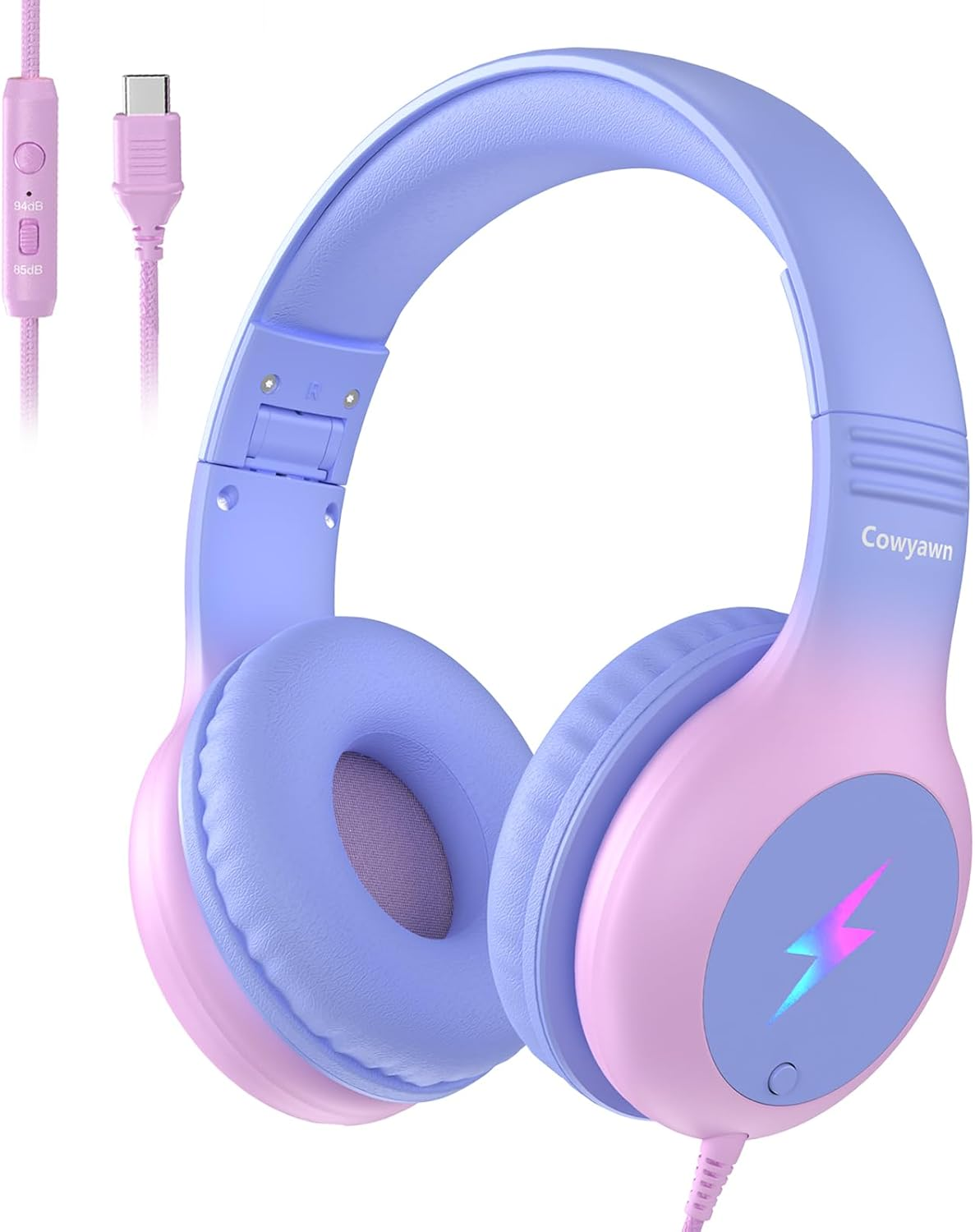 Cowyawn Kids Headphones Wired with Microphone, USB Type C Kid Headphone with LED Lights, 85/94Db Volume Limit, Over-Ear Wired USB C Headphones for Boys/Girls/School/Travel/Ipad, Purple-Pink Gradient image number 1