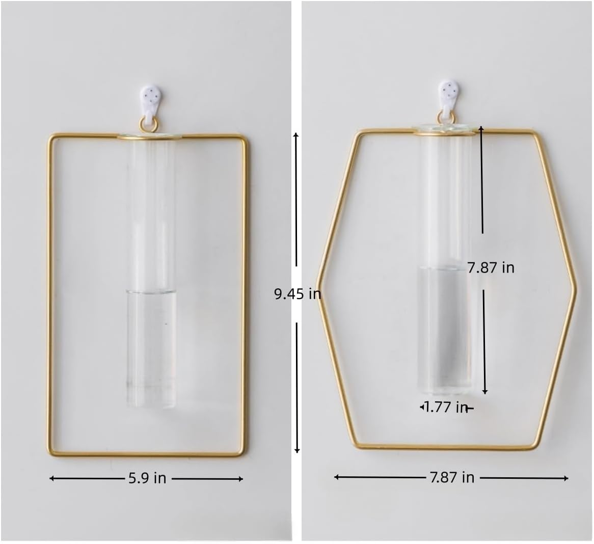 2 Pack Nordic Wall Vase Hanging Geometric Gold Flower Vase Wall Mount Metal Frame Vases Hydroponic Glass Bud Vase Decor for Home Wedding Farmhouse - Coffee image number 7