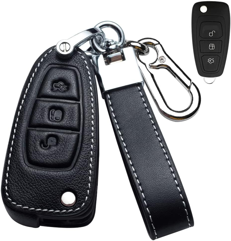 Ontto Leather Car Key Fob Cover Fit for Ford Focus Mondeo Fusion Fiesta Ka Kuga S-Max 2011-2017 Flip Key Case Key Holder Key Shell Keychain Keyring Protective Accessories Black