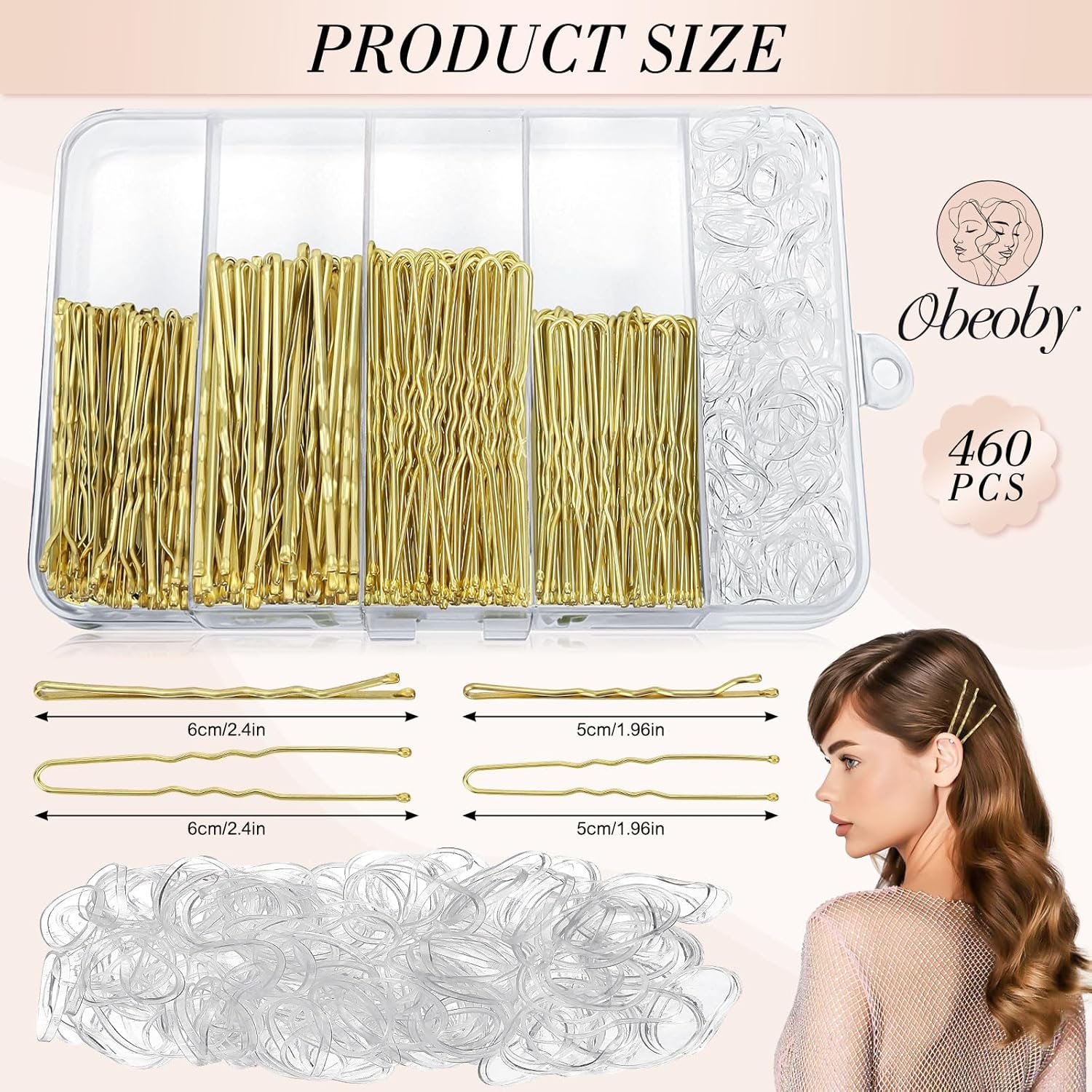 460-Piece Hair Pins and Hair Bobbles Set, 220 Bobby Pins - 2 Sizes and 240 Hair Bobbles with Storage Box for Women Girls Wedding Hairstyles (Gold) image number 5