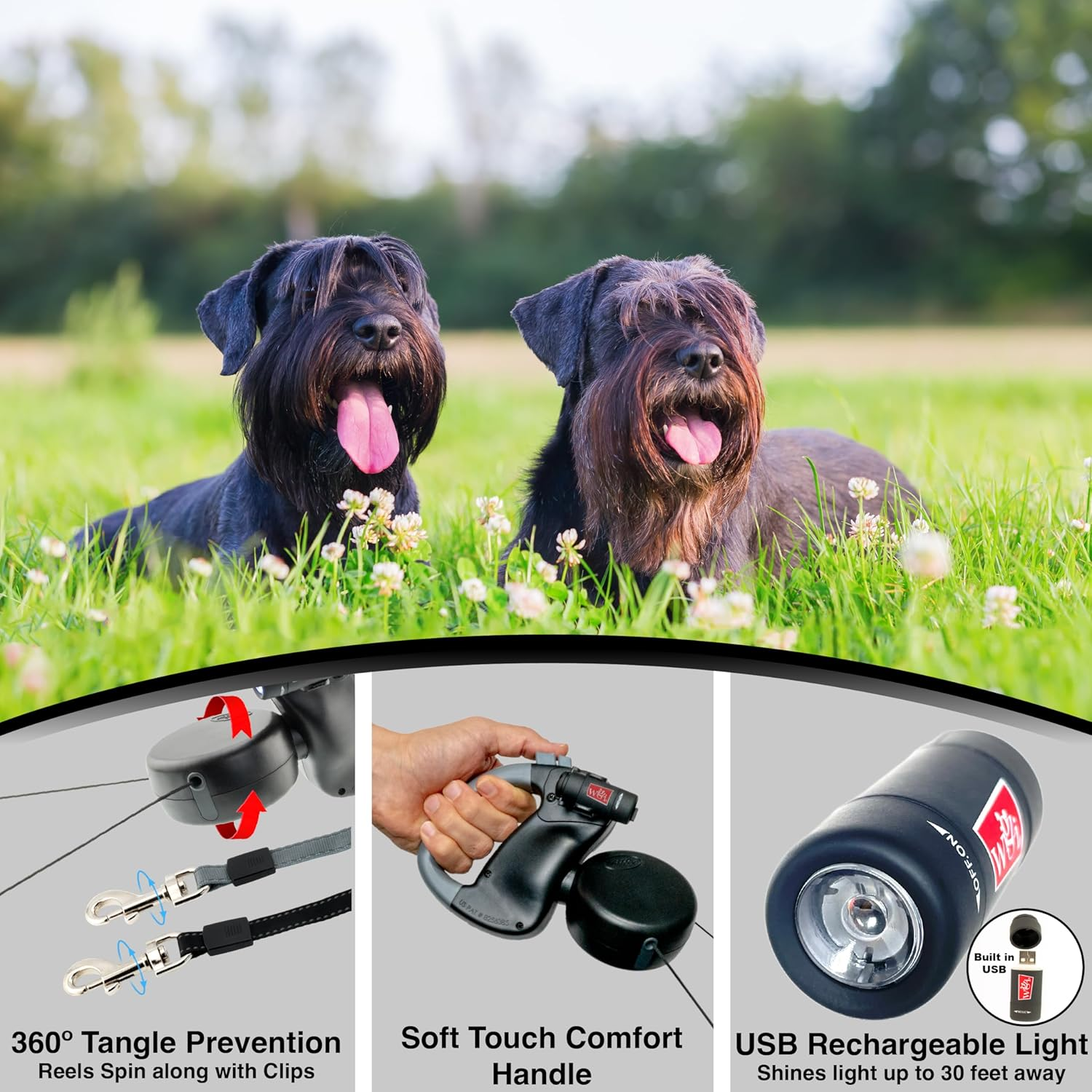 WIGZI Dual Doggie (2 DOG) Retractable Leash with Light (L.E.D), No Tangle 360 Technology, Independent Braking Each Dog up to 50Lbs Each Dog with 10 Ft Reflective Leads for Safety, Black & Gray Buttons image number 5