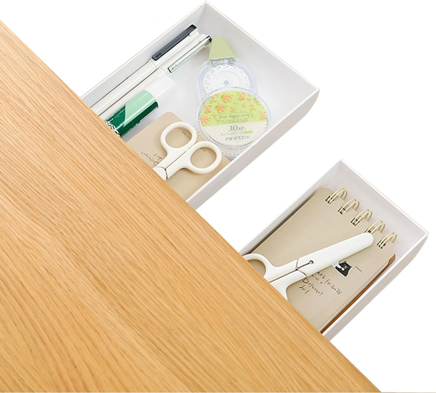 2Pcs under Desk Storage Drawers, under Desk Drawer Slide Out, Self- Adhesive Hidden Plastic Desk Organizers and Storage Trays for Office School Home (White, S+L) image number 1