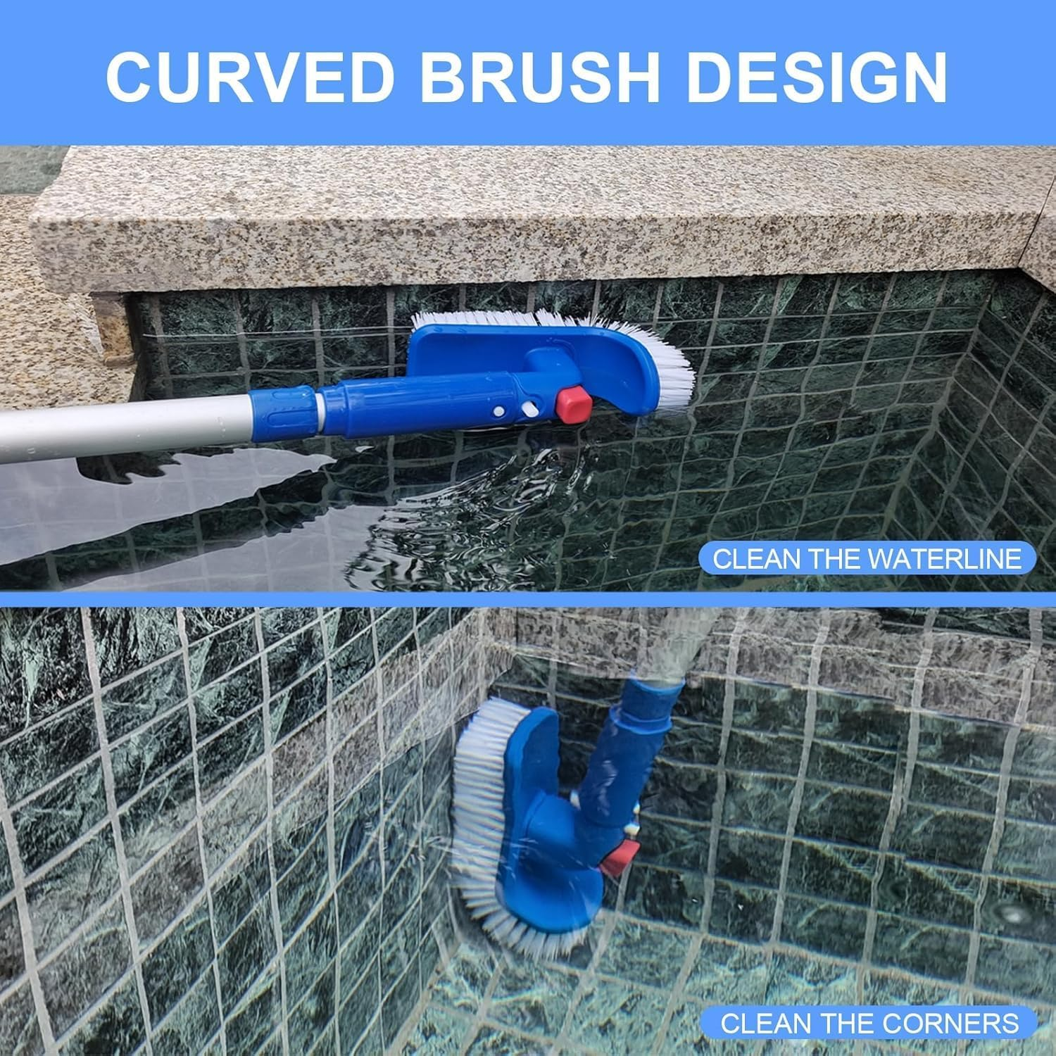 Upgraded Aluminum Pool Brush Head &ndash; Heavy Duty Scrub Brush for Pool Walls & Ground, Curved Ends for Deep Cleaning Swimming Pools, Durable Pool Maintenance Brush Tool (Blue)