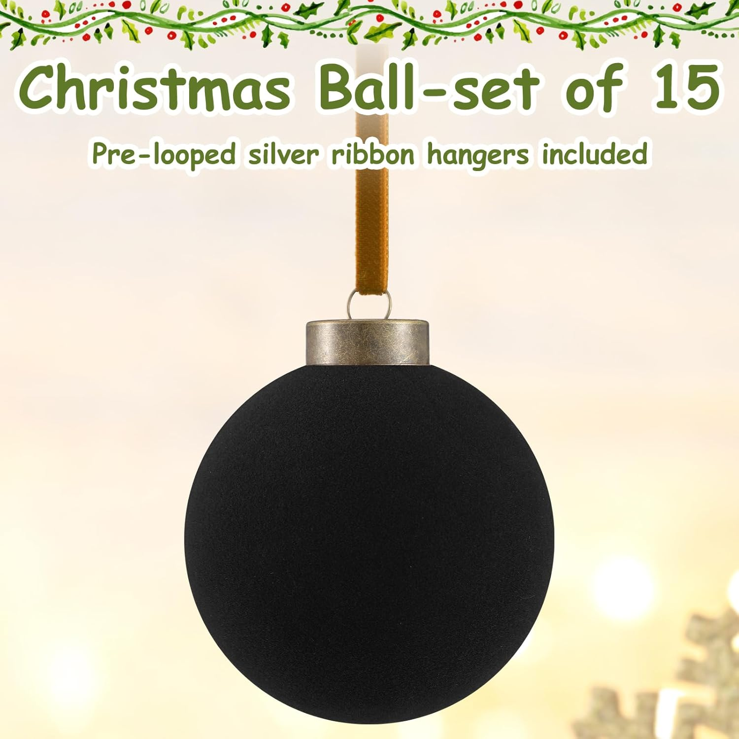 Liliful 15 Pcs Velvet Christmas Balls, Black, 3.15 Inch, Hanging Ornaments, Christmas Tree Decoration image number 2