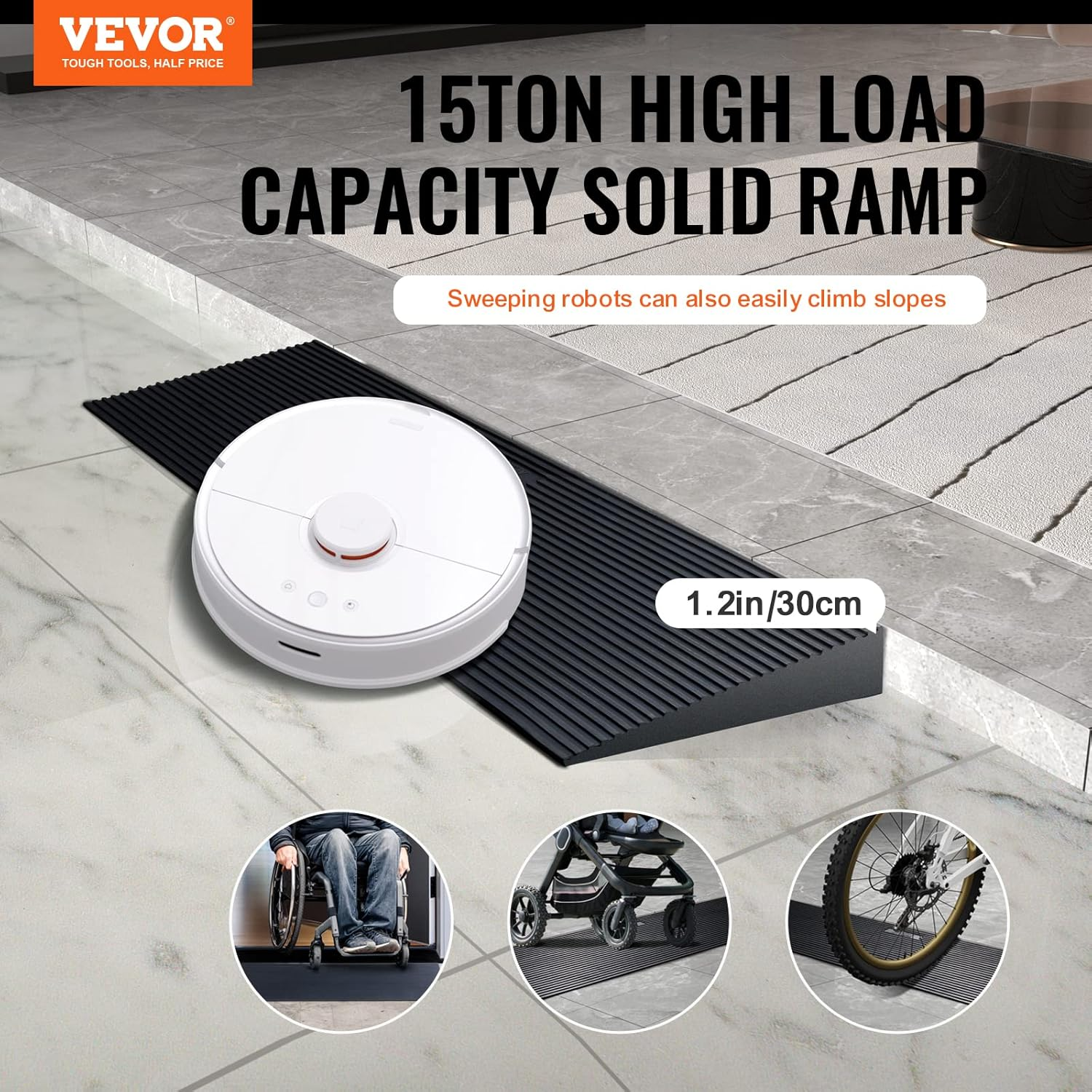 VEVOR 3 Cm Rise Cuttable Threshold Ramp for Sweeping Robot, 90 Cm Wide Natural Rubber Wheelchair Ramp, Non-Slip Solid Rubber Ramp with Double-Sided Tape for Doorways, Driveways, Bathroom, Smooth Tile image number 1