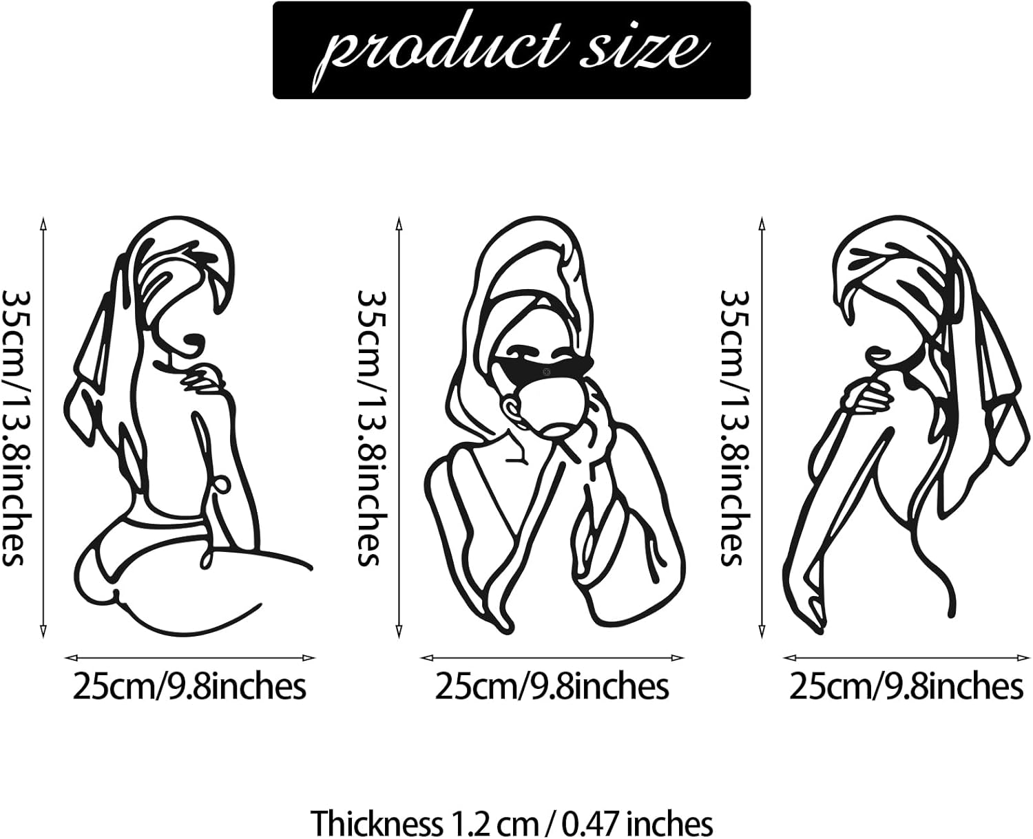 Photect 3 Pieces Metal Wall Art Decor Minimalist Abstract Woman Modern Line Drawing Female Single Home Hanging for Bedroom Kitchen Bathroom Living Room (Black, Romantic) image number 5